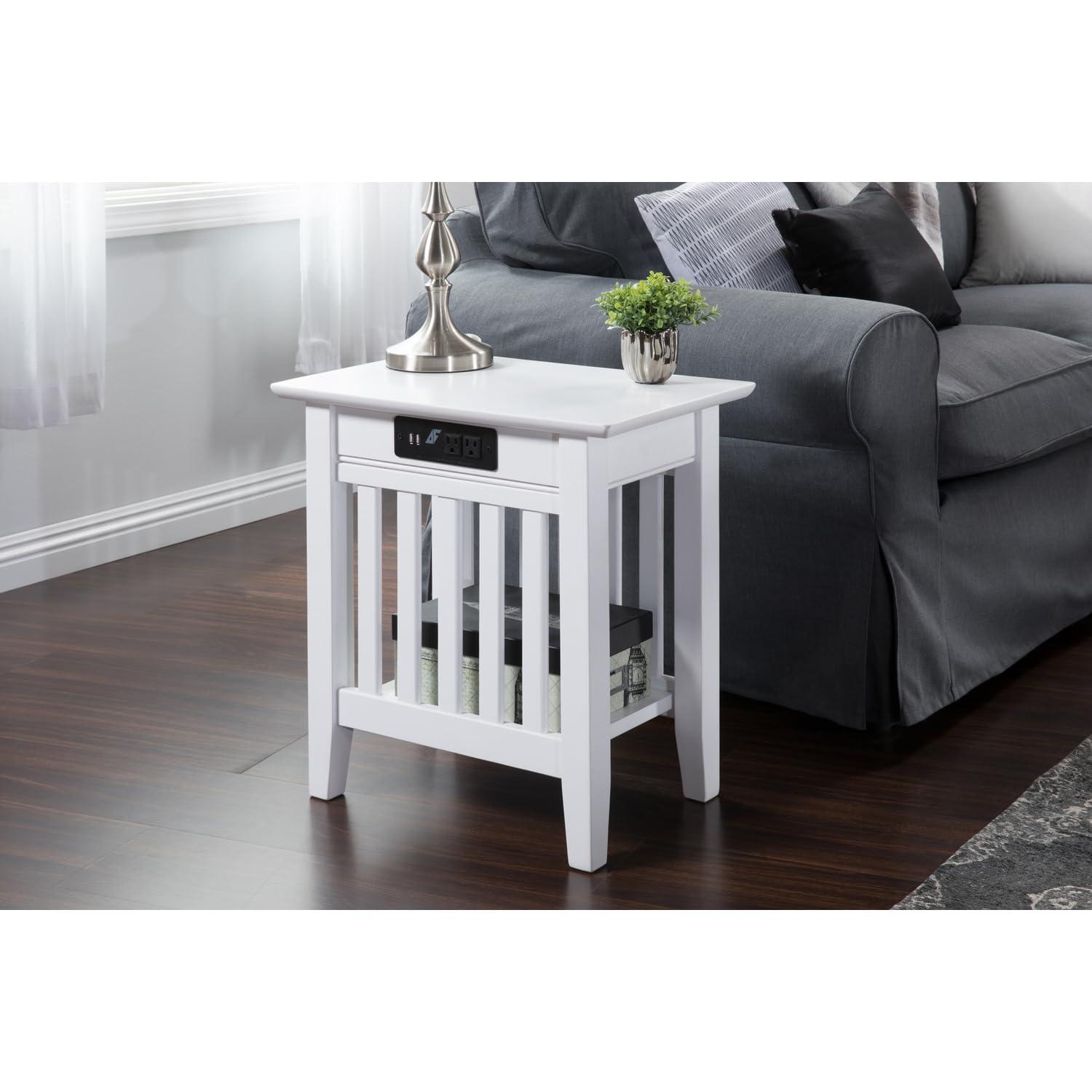 Mission Chair Side Table with Charger Station in White