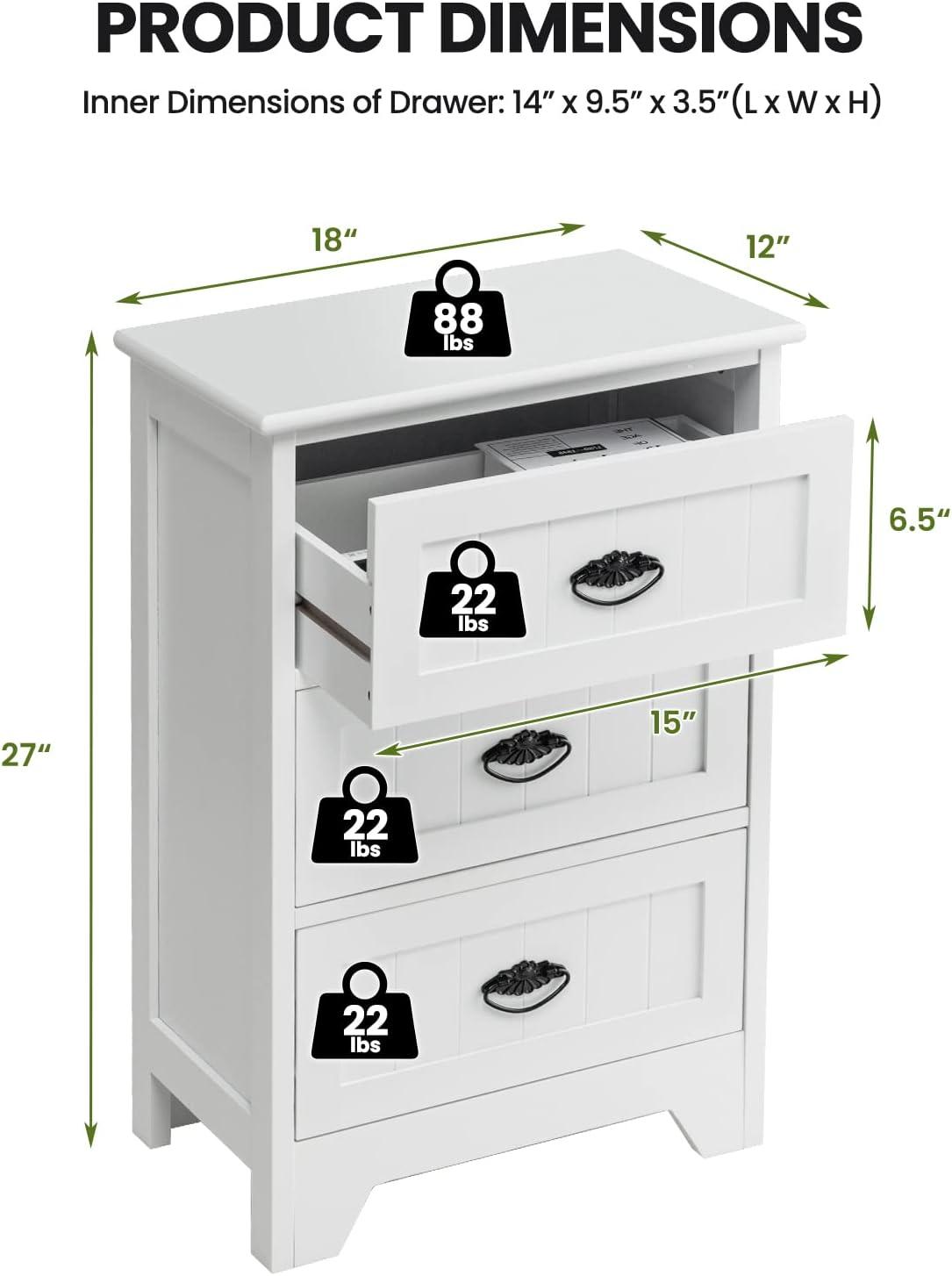 Gymax End Table Nightstand Bedroom Storage w/ 3 Drawers & Wood Slide White