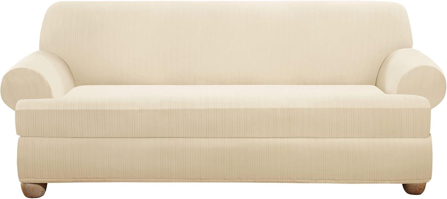 Cream Stretch Pinstripe T-Cushion Sofa Slipcover