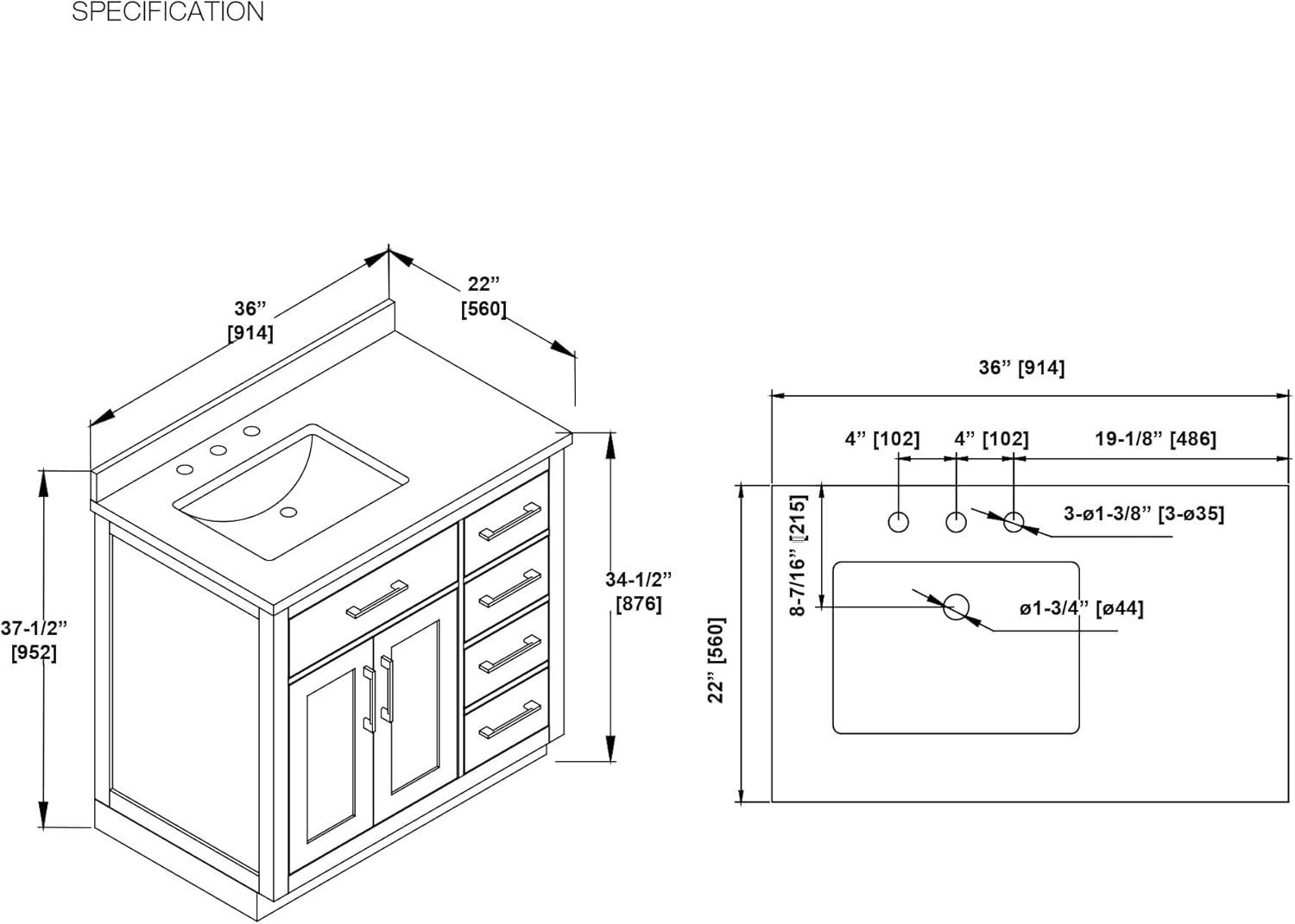 OVE Decors Athea 36 in. W Bath Vanity with Premium Countertop and Power Bar