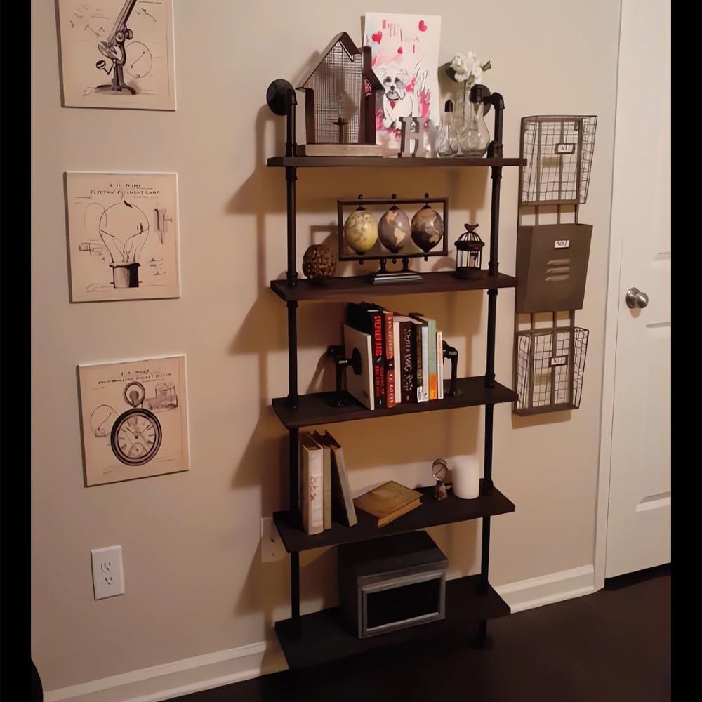 5 Shelf Industrial Pipe Shelving, Black Modern Bookcase Bookshelf, Wall Mount Ladder Shelf with Metal Frame Display Selves
