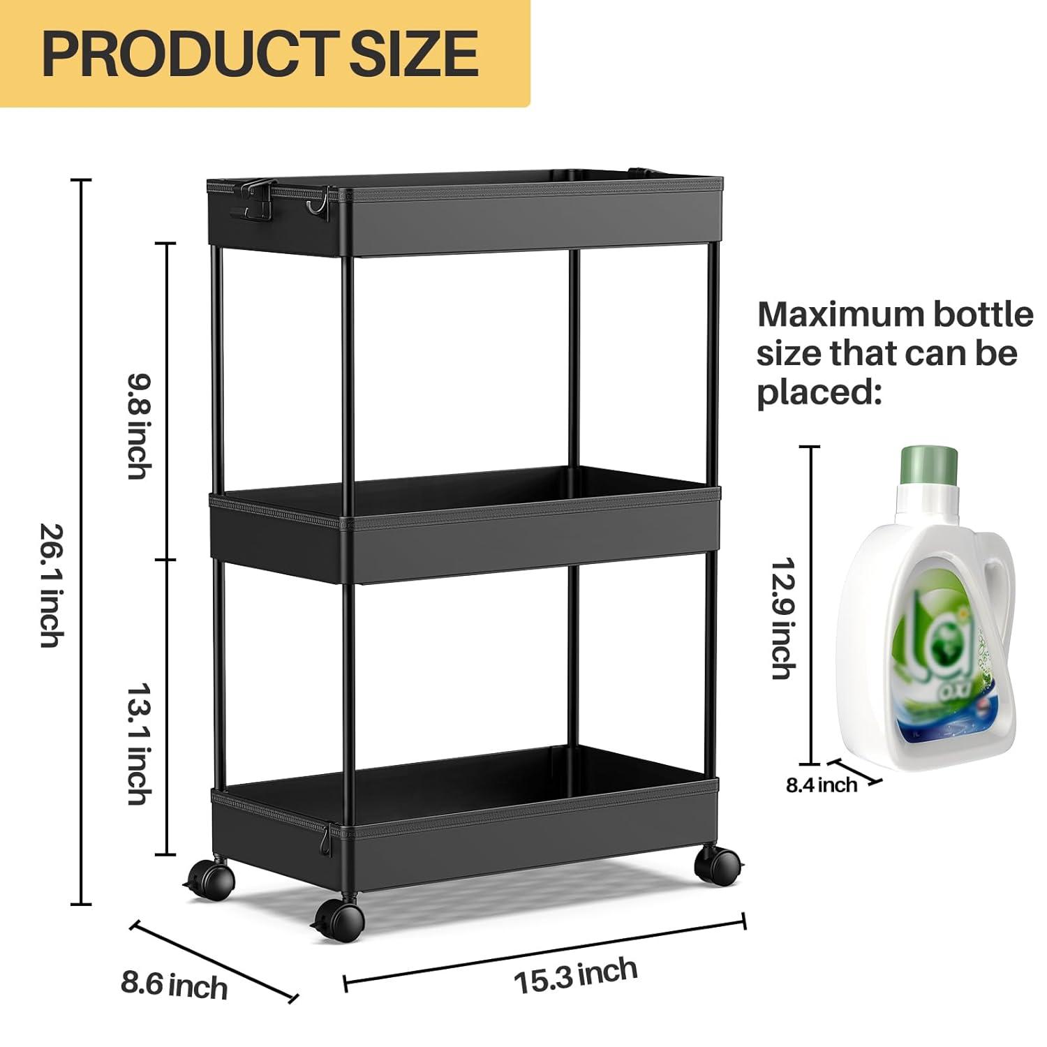 SPACEKEEPER Storage Rolling Cart 3 Tier, Laundry Room Organization Bathroom Cart Organizer Utility Mobile Shelving Unit Multi-Functional Shelves for Office, Kitchen, Black