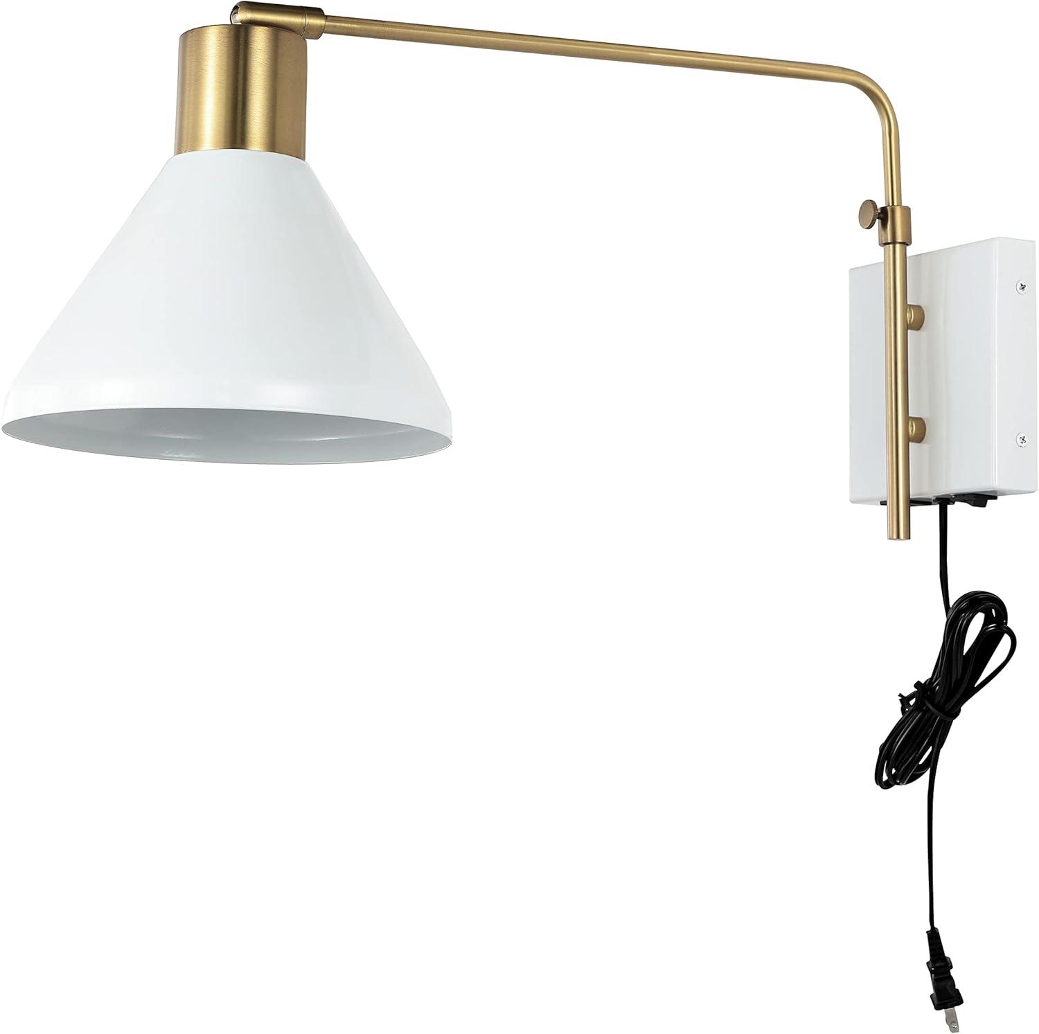 Max 20.5" Swing Arm 1-Light Modern Midcentury Iron USB Charging Port LED Sconce, White/Brass Gold