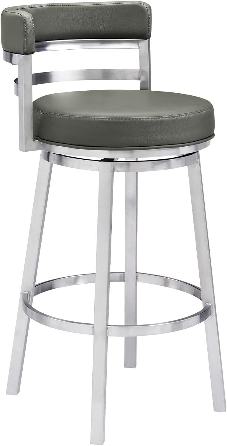 Sleek Swivel 30" Bar Height Grey Faux Leather & Brushed Stainless Steel Stool