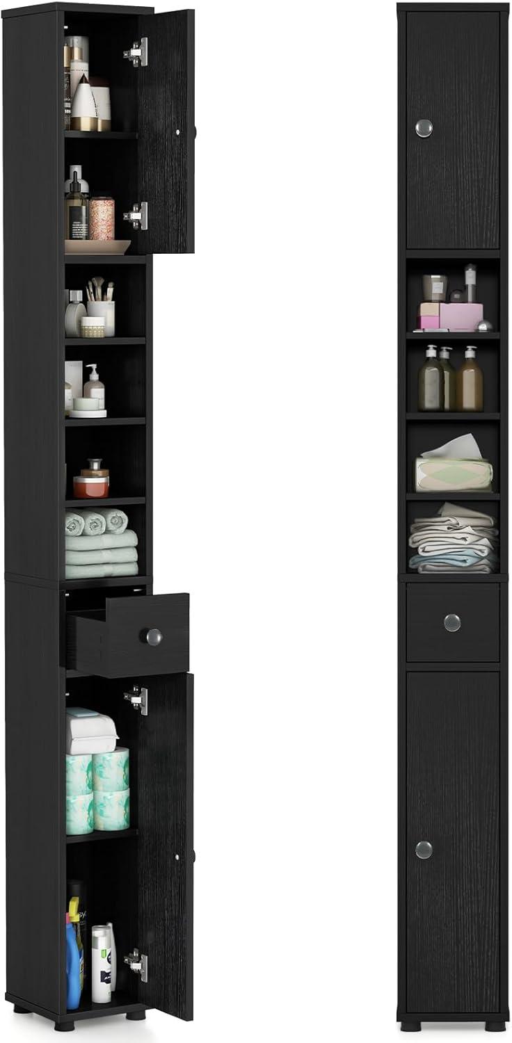 Tangkula Tall Slim Bathroom Storage Cabinet 71" Freestanding w/ 2 Doors 1 Drawer & 5 Adjustable Shelves Narrow Tower Cabinet for Small Spaces Black