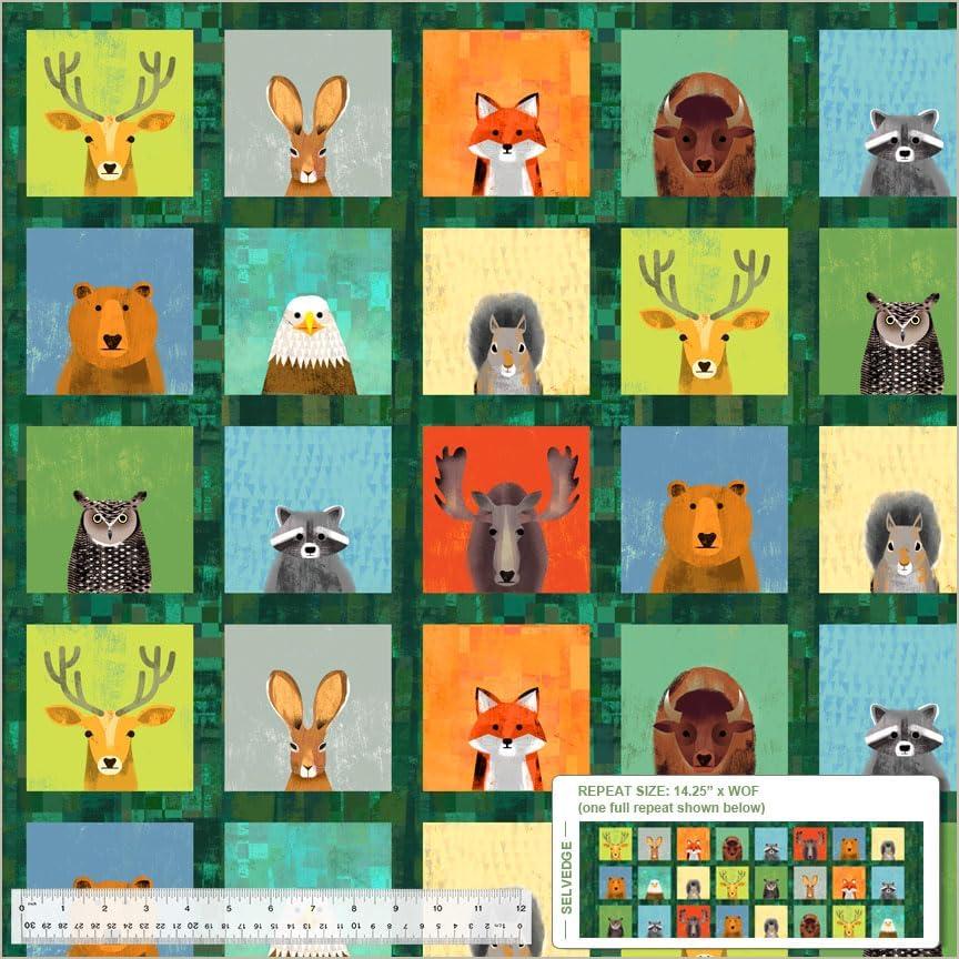 14.25" X 44" Panel Wildlife Portraits Woodland Animals Wild North Green Cotton Fabric Panel (53933D-1)