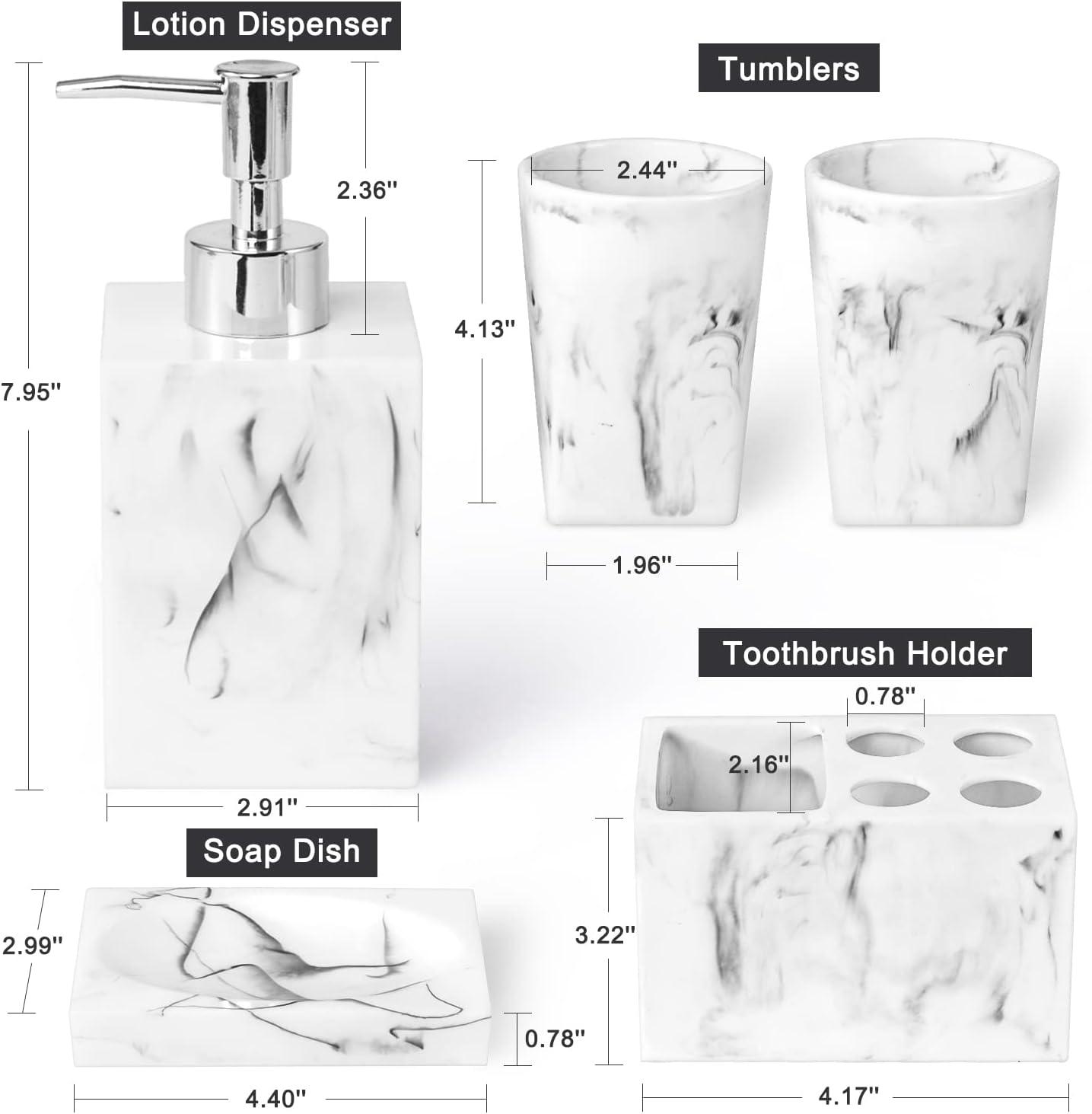 Haturi Bathroom Accessories Set, 4 Pcs Marble Look Sets Soap Dispenser & Toothbrush Holder Counter Top Restroom Apartment Decor Stuff, Glass Kits, Gift for Women and Men, Ink White