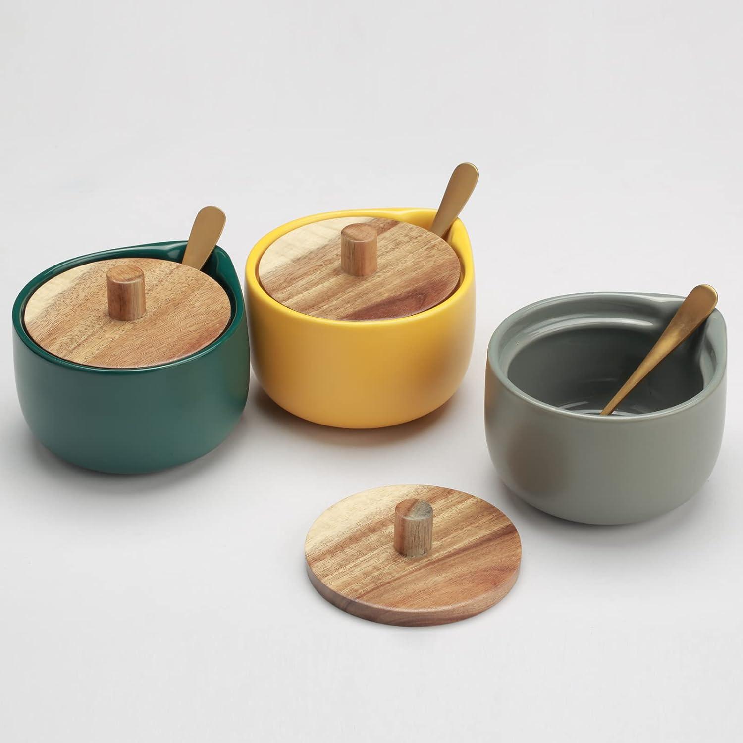 everous Salt Box(yellow) Salt Cellar Elegant Design Decorative Boxes Big Capacity Wood yellow Ceramic Base