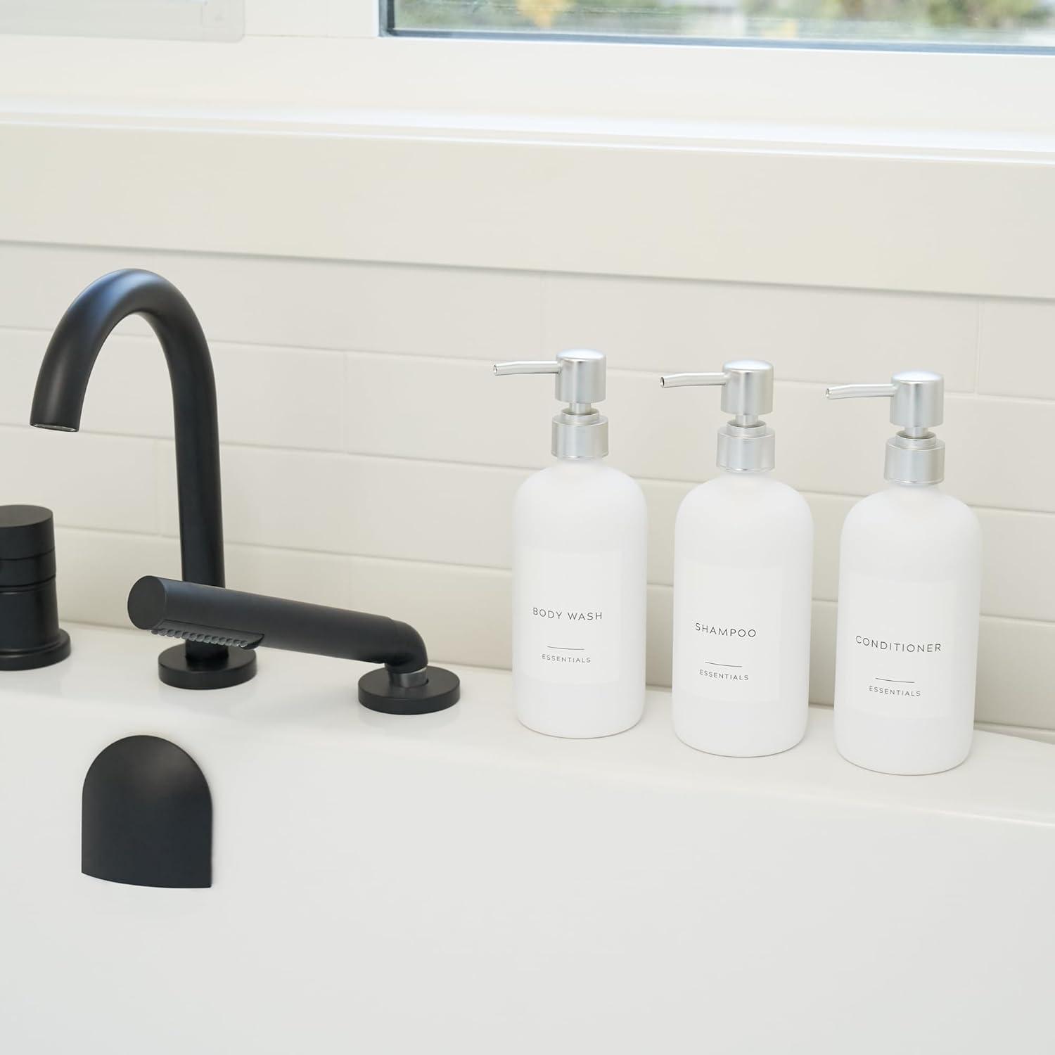 Stylish Shampoo and Conditioner Dispenser Set of 3 - Modern 21oz Shower Soap Bottles with Pump and Labels - Easy to Refill Body Wash Dispensers for an Instant Bathroom Decor Upgrade - White C31