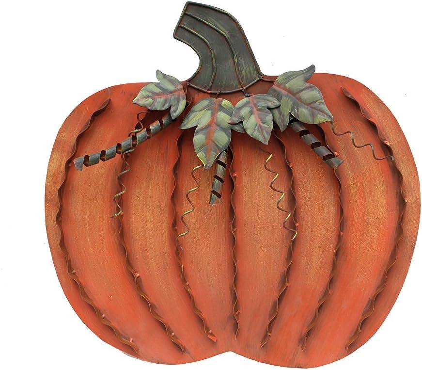 18" Orange Metal Pumpkin Decor with Leaves and Spirals