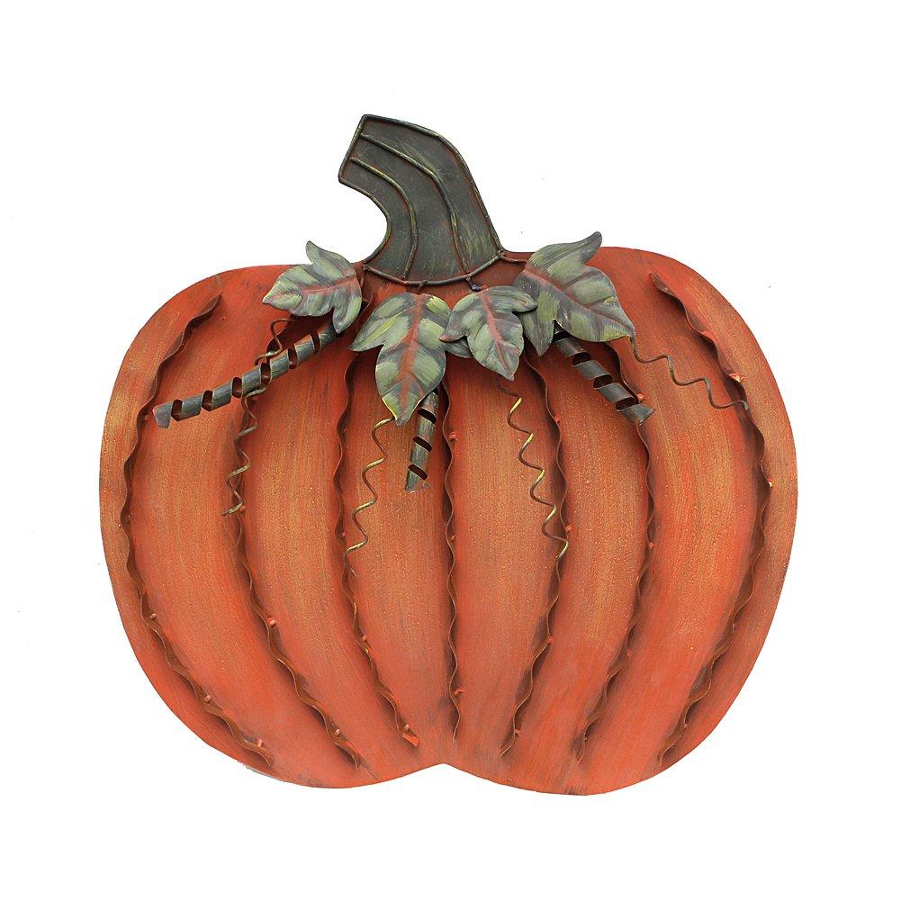 18" Orange Metal Pumpkin Decor with Leaves and Spirals