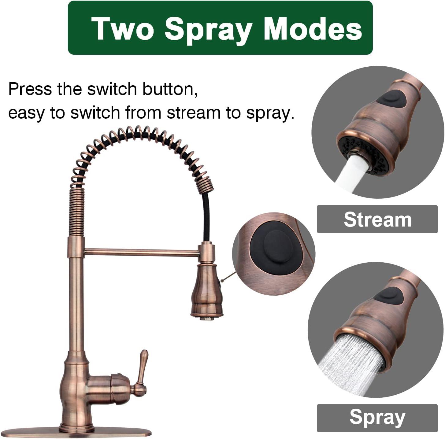 Akicon Pre-Rinse Spring Kitchen Faucet, Single Level with Pull Down Sprayer Copper Copper Finish