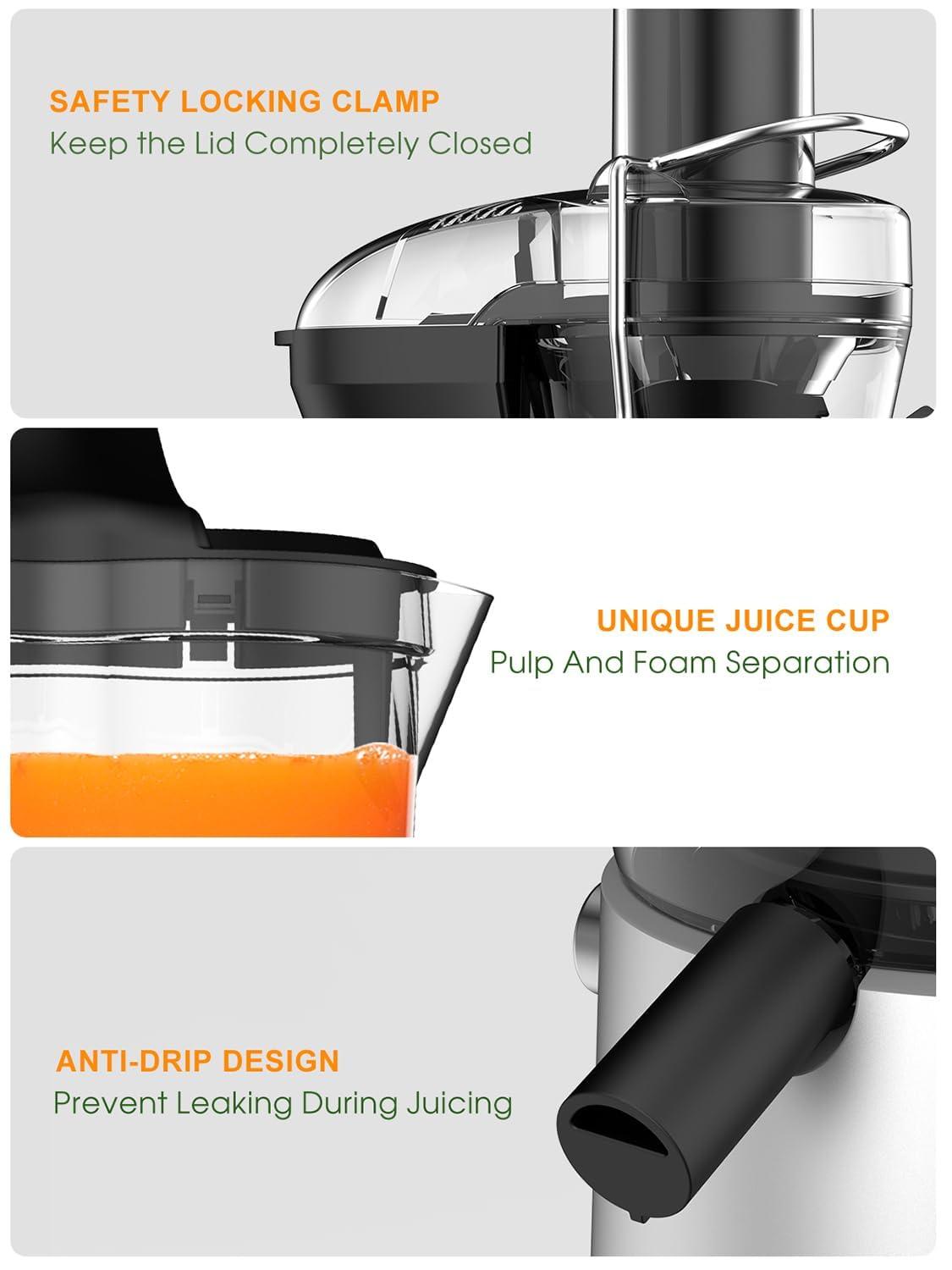 Juicer Machine, 1200W Juicer with 3" Feed Chute for Whole Fruits and Veg, Dual Speeds Centrifugal Juice Extractor, High Juice Yield, Full Copper Motor, Easy to Clean, BPA Free, JE2106