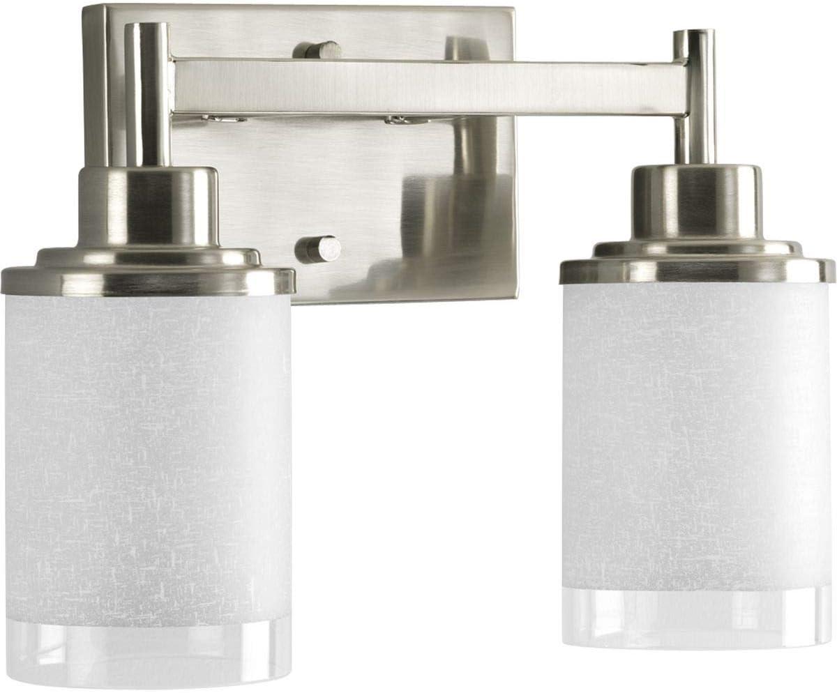 Progress Lighting Alexa Collection 2-Light Bath Fixture, Brushed Nickel, White Linen Glass Shade