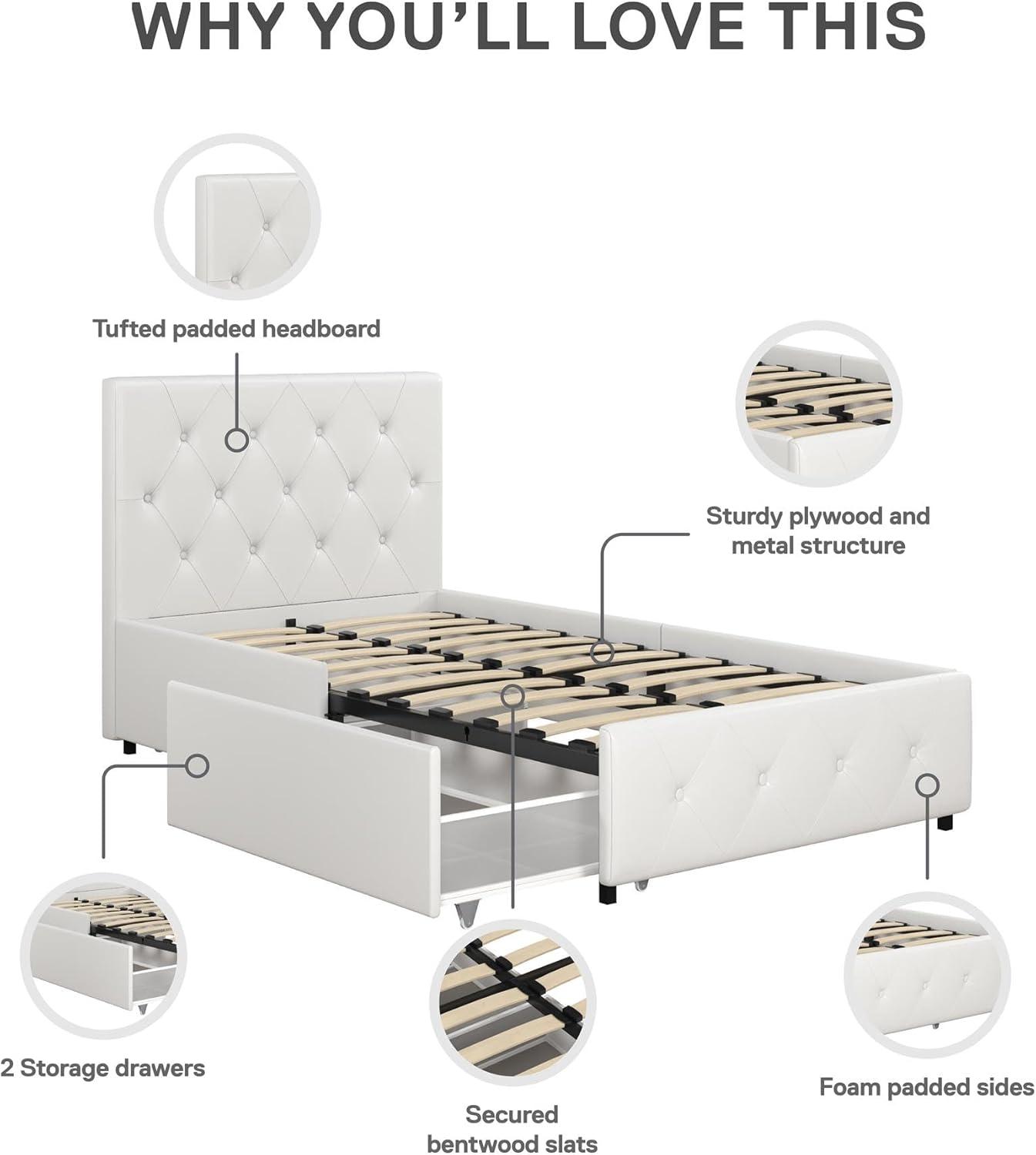 Twin White Upholstered Platform Bed with Storage Drawers