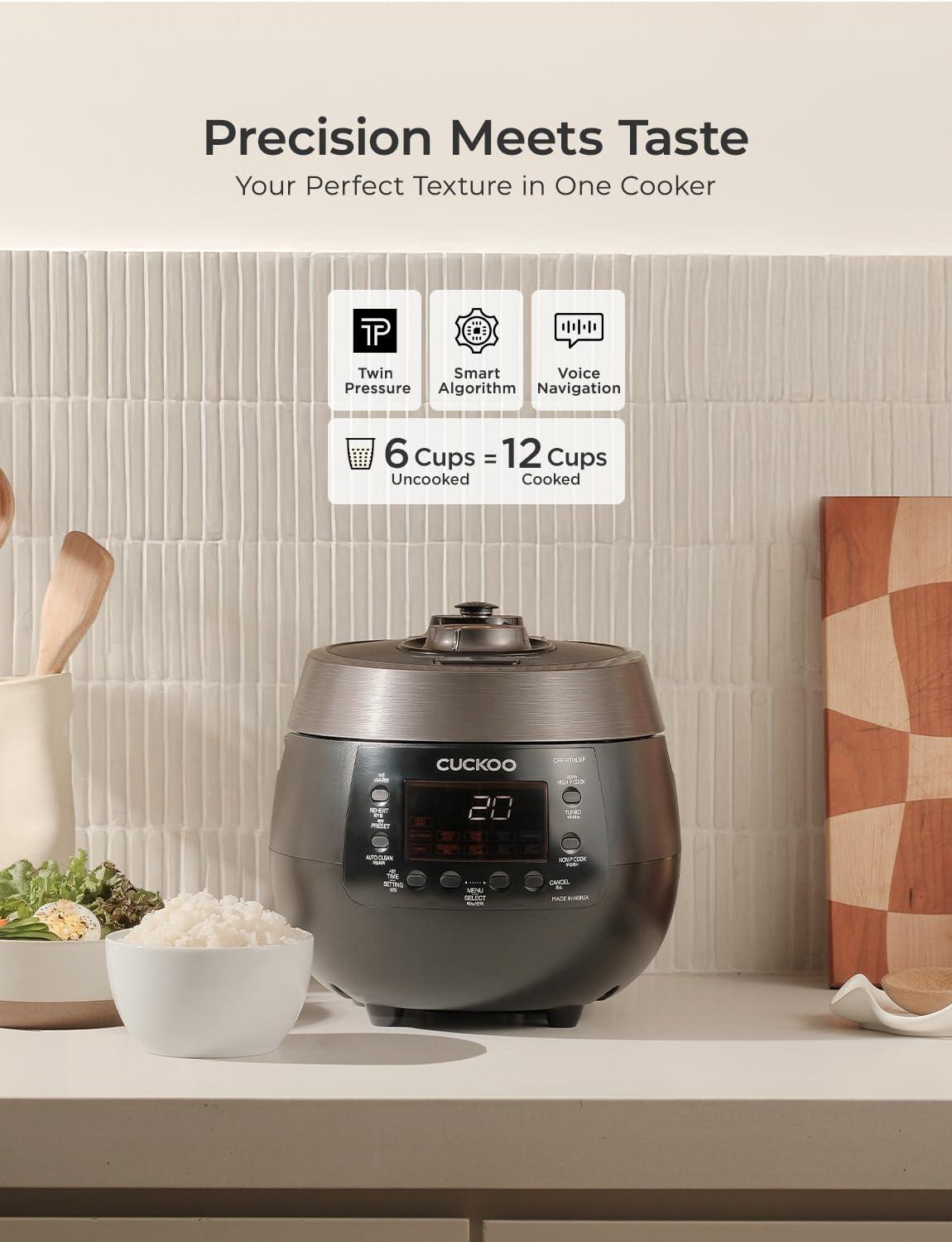 Cuckoo Electronics CUCKOO 6-Cup Twin Pressure Rice Cooker & Warmer with Nonstick Inner Pot, 14 Menu Options, Safe Steam Release, 3 Voice Guide, Auto Clean (Black) CRP-RT0609FB