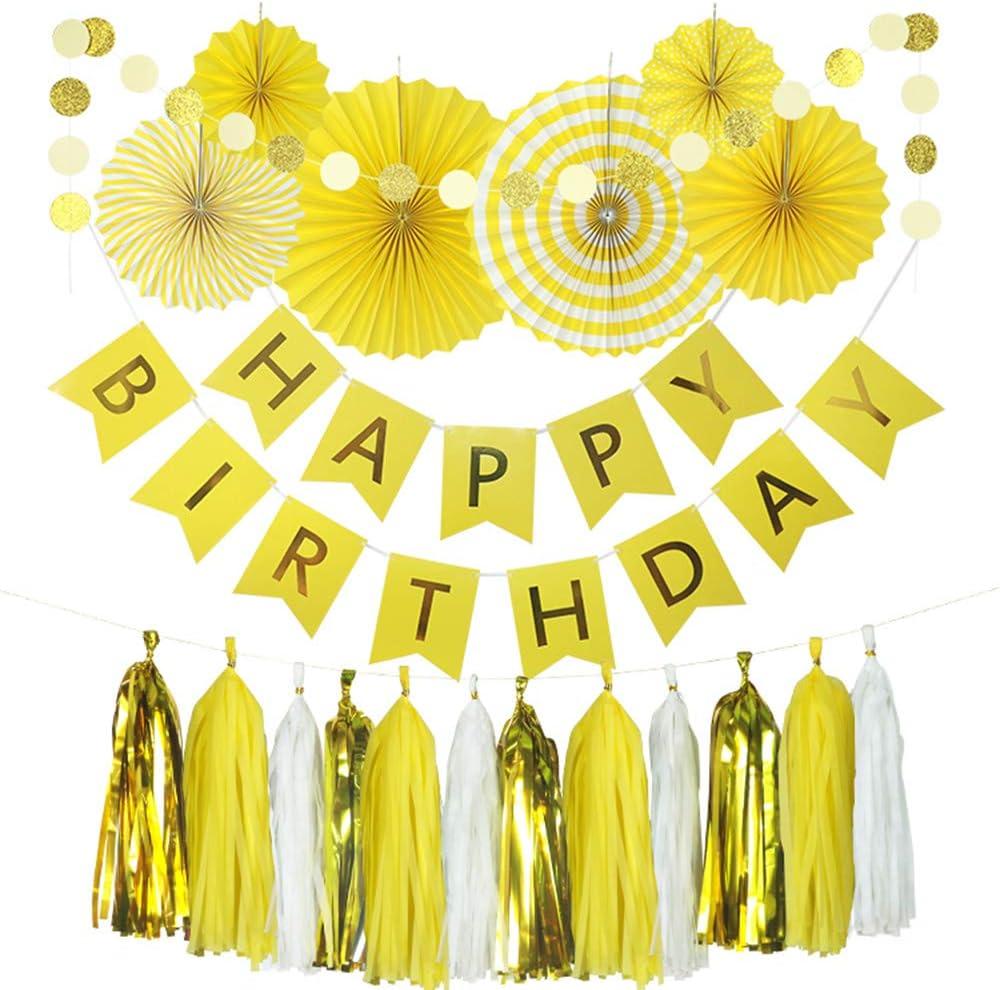 Yellow Birthday Party Decoration - 6 Hanging Fans & Birthday Banner & Decorative Circle Dot Garland & 12 Paper Tassels for Birthday Party, Baby Shower, Wedding etc.