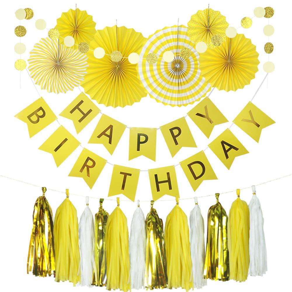 Yellow Birthday Party Decoration - 6 Hanging Fans & Birthday Banner & Decorative Circle Dot Garland & 12 Paper Tassels for Bday Party, Baby Shower, Wedding etc.