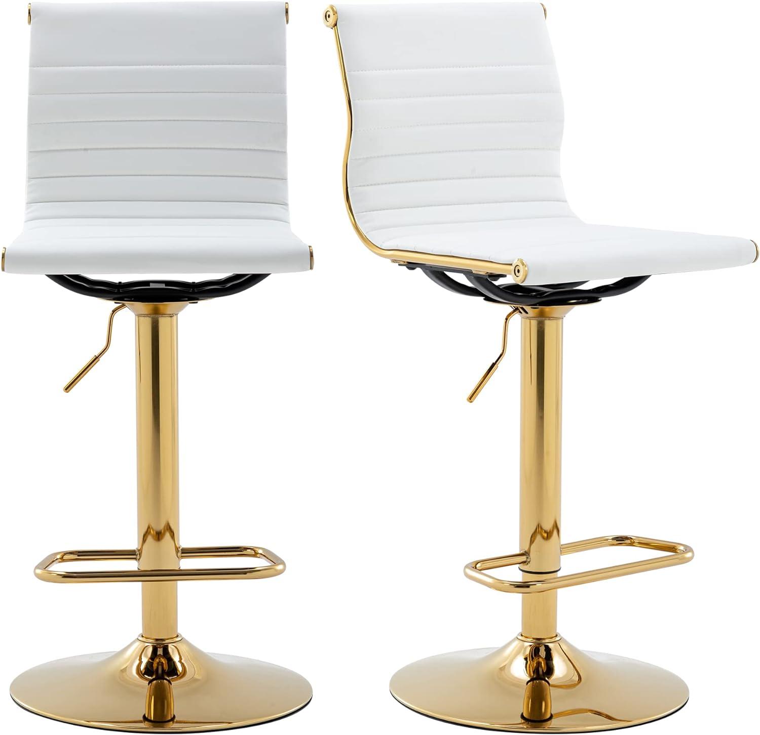 Flash Furniture Modern White Vinyl Adjustable Bar Stool with Back, Counter Height Swivel Stool with Gold Pedestal Base, Set of 2