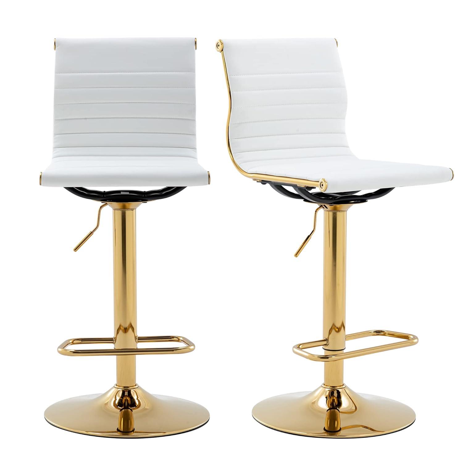 Flash Furniture Modern White Vinyl Adjustable Bar Stool with Back, Counter Height Swivel Stool with Gold Pedestal Base, Set of 2