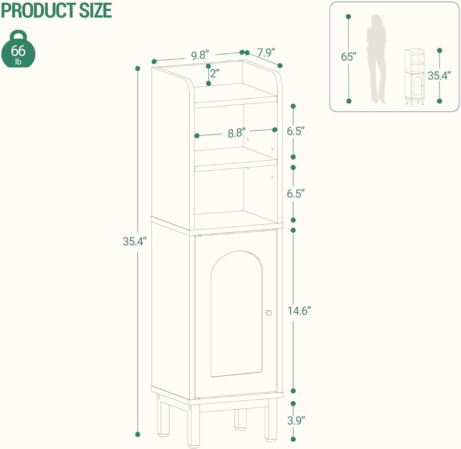 Mercer41 Bathroom Storage Cabinet, Small Corner Floor Cabinet with Door and Shelves, Narrow Toilet Paper Cabinet, Bathroom Organizer with Adjustable Shelf, for Small Spaces