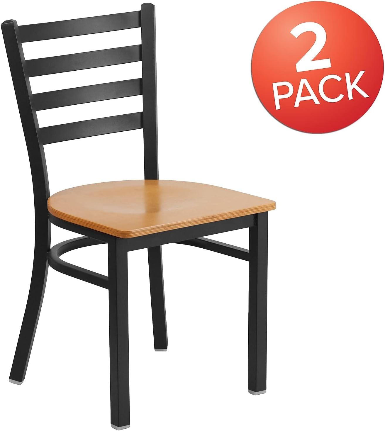 Flash Furniture 2 Pack HERCULES Series Black Ladder Back Metal Restaurant Chair - Natural Wood Seat