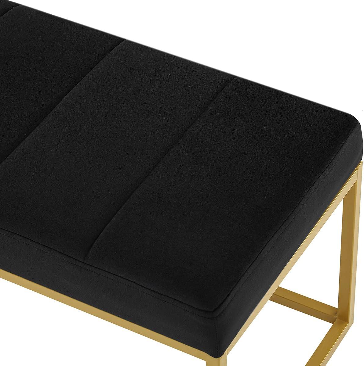 Black Velvet Upholstered Bench with Gold Metal Frame