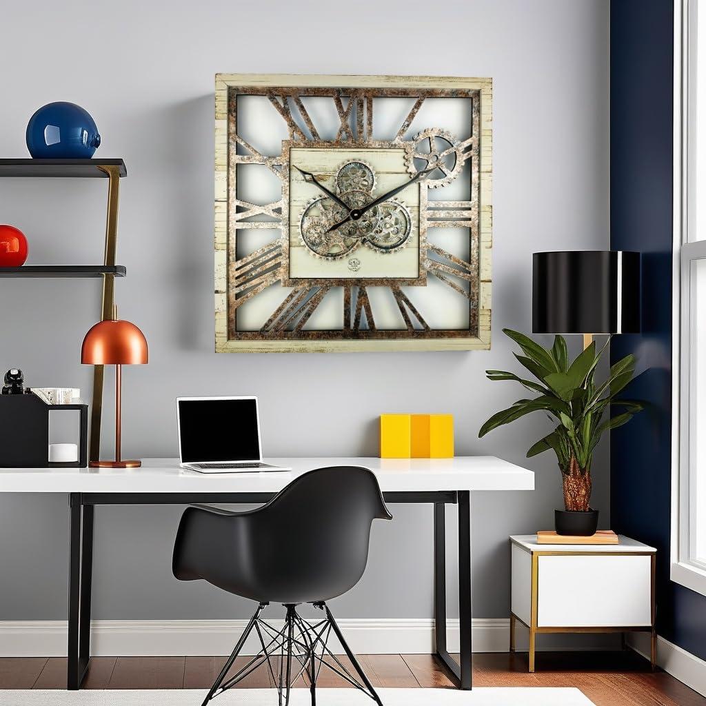The Gears Clock Wall Clock 24" Square Oversized for Living Room decor with Real Moving Gears America Collection