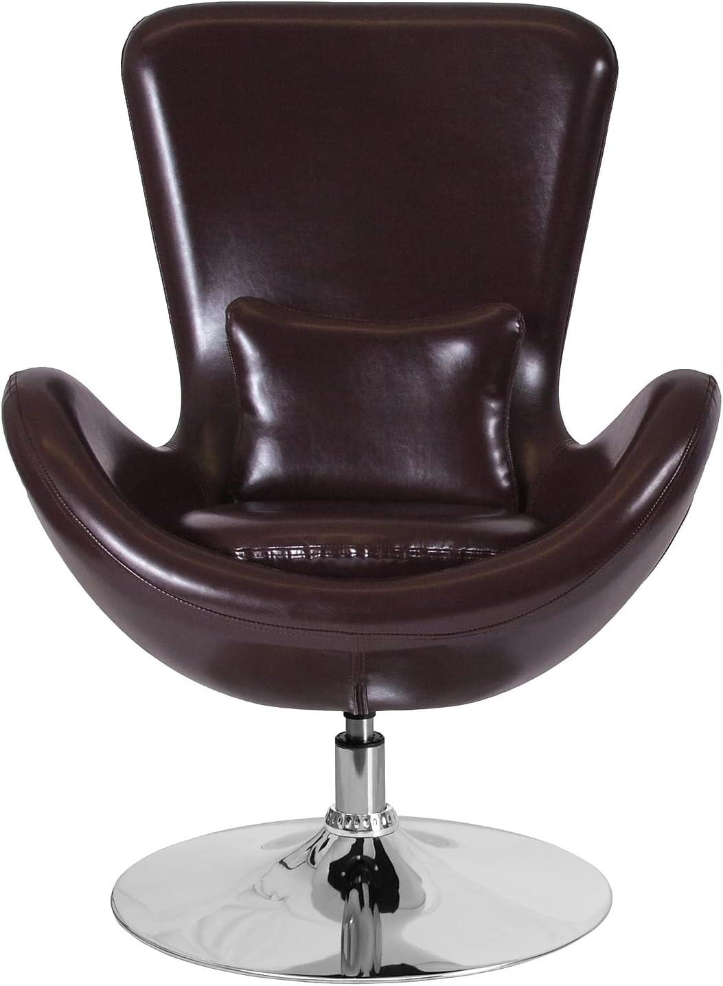 High Back Brown LeatherSoft Swivel Lounge Chair with Chrome Base