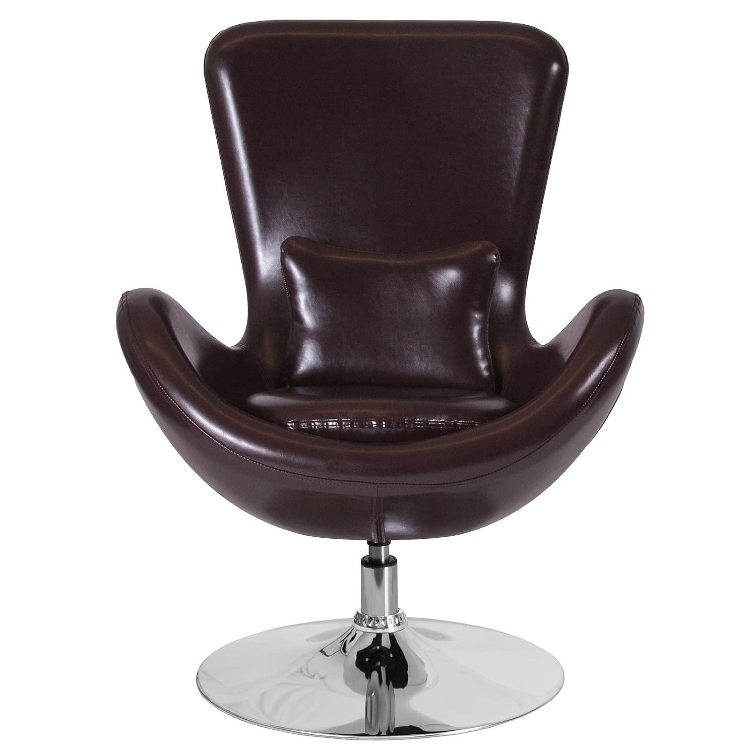 High Back Brown LeatherSoft Swivel Lounge Chair with Chrome Base