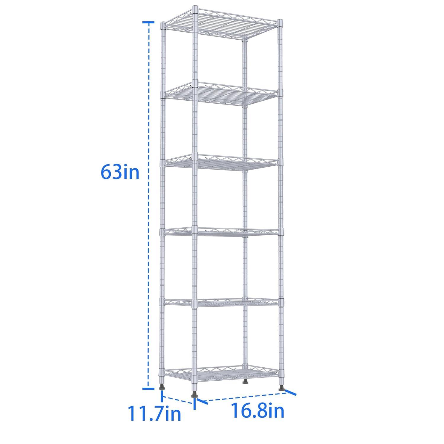 REGILLER 6 Wire Shelving Steel Storage Rack Adjustable Unit Shelves for Laundry Bathroom Kitchen Pantry Closet(Silver, 11.7" D x 16.8" W x 63" H)