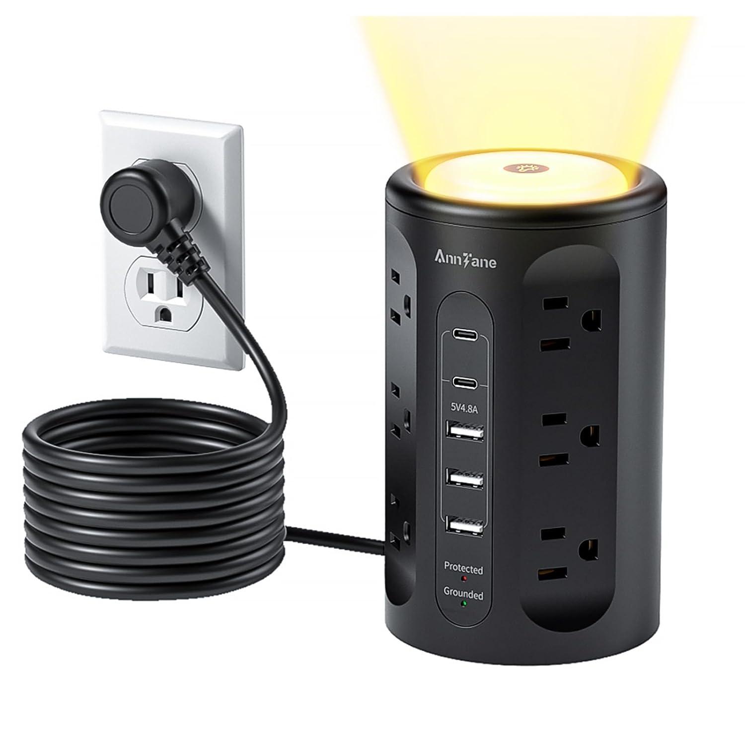 Power Strip Tower with Night Light, Power Strip Surge Protector with USB Ports, Extension Cord 10 FT with Multiple Outlets (12AC+3A+2C) for Home Office Desk DormRoom (Black)