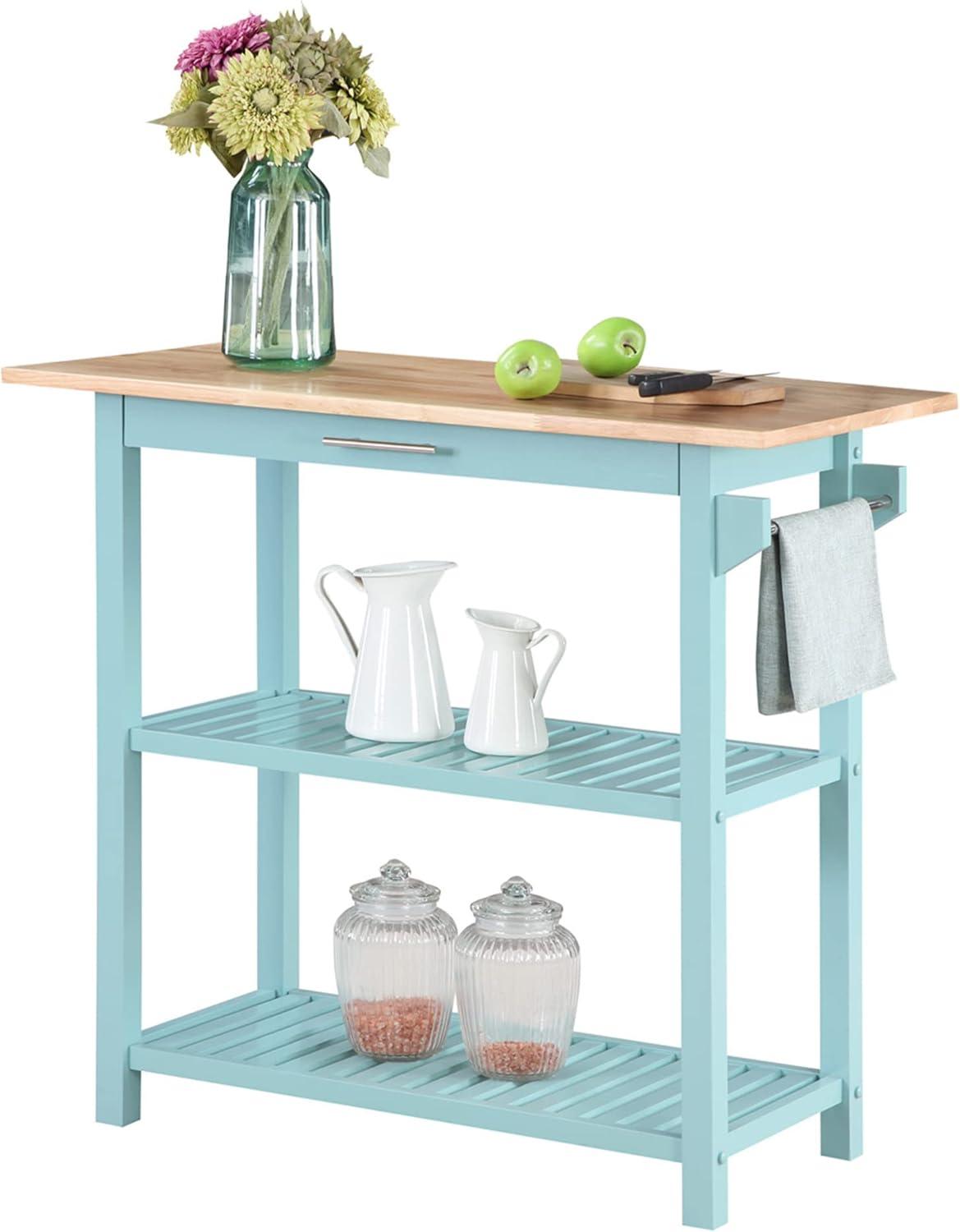 Convenience Concepts Designs2Go 3 Tier Butcher Block Kitchen Prep Island Cart with Drawer, Sea Foam Blue/Butcher Block