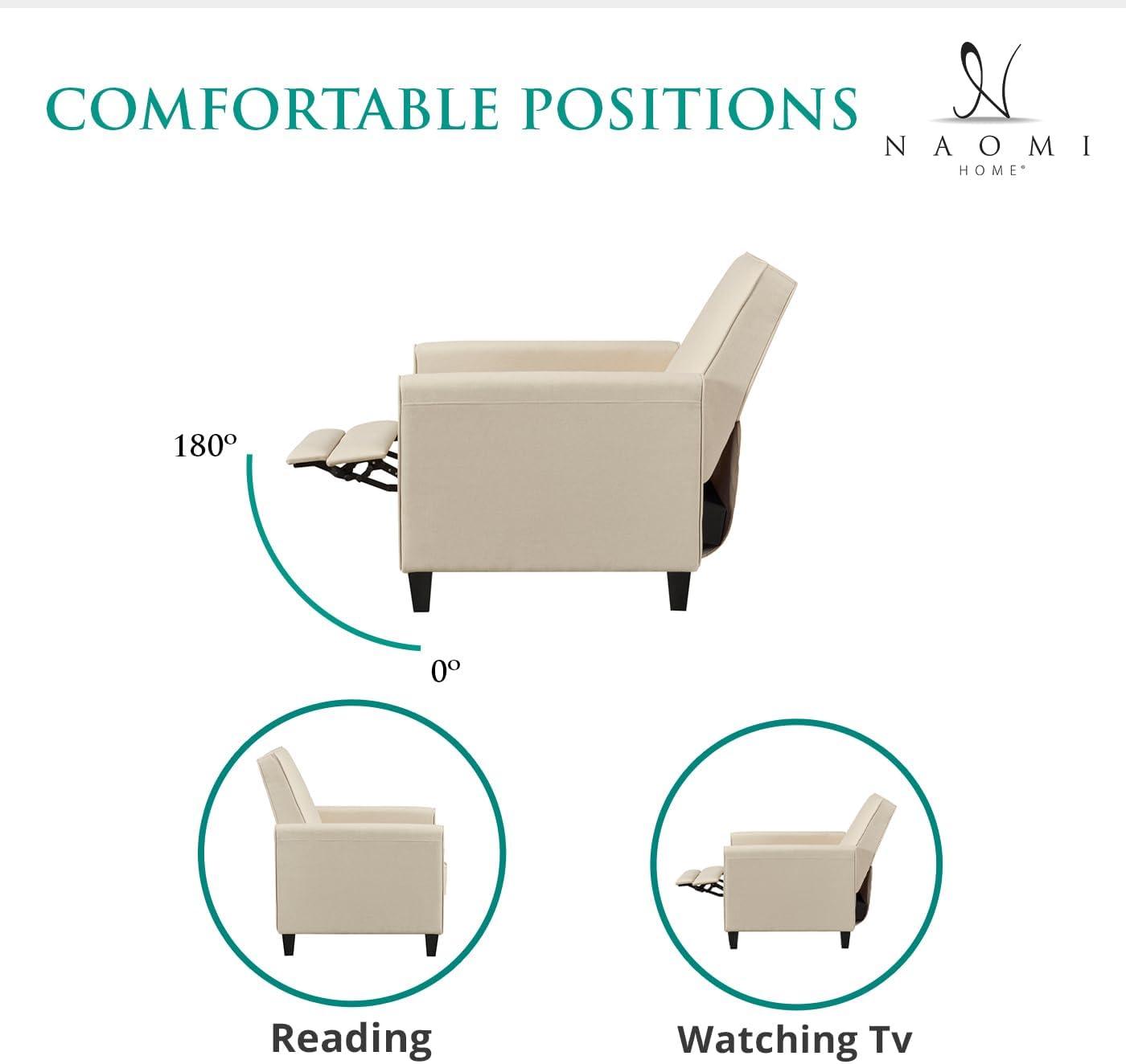 Landon Pushback Recliner Chairs, Reclining Chair, Small Recliners For Small Spaces, Small Recliners with Adjustable Footrest, Linen Club Chair, Push Back Recliner Chair - Cream, Linen