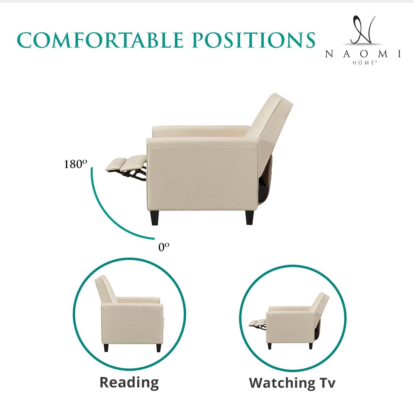 Landon Pushback Recliner Chairs, Reclining Chair, Small Recliners For Small Spaces, Small Recliners with Adjustable Footrest, Linen Club Chair, Push Back Recliner Chair - Cream, Linen