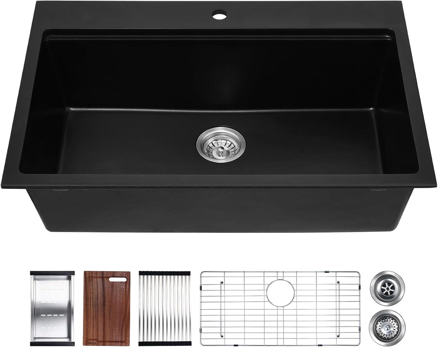 Davivy 33 Inch Black Granite Composite Kitchen Sink Workstation, 33 X 22 Quartz Composite Dual Mount Sink, Matte Black Composite Single Bowl Sink