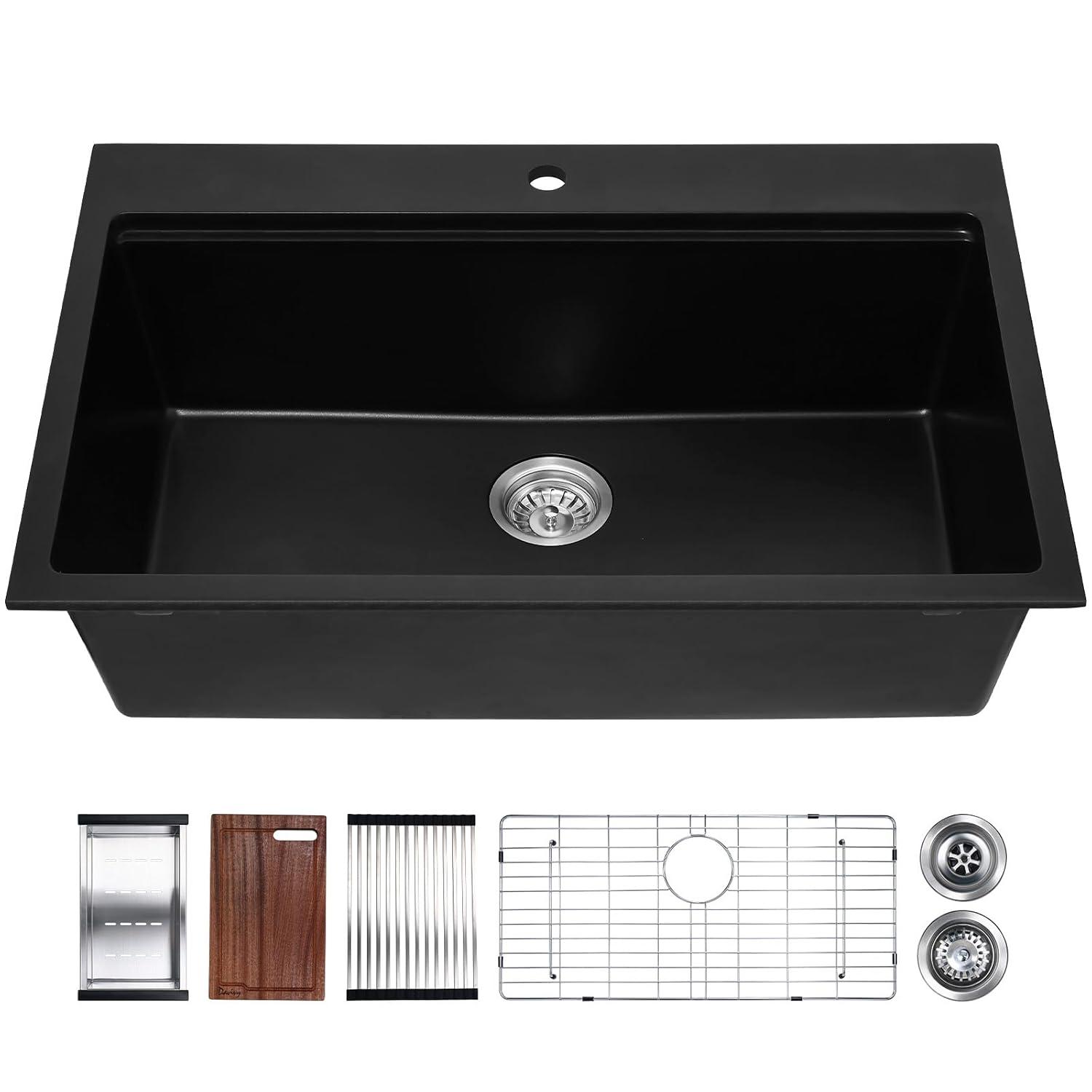 Davivy 33 Inch Black Granite Composite Kitchen Sink Workstation, 33 X 22 Quartz Composite Dual Mount Sink, Matte Black Composite Single Bowl Sink