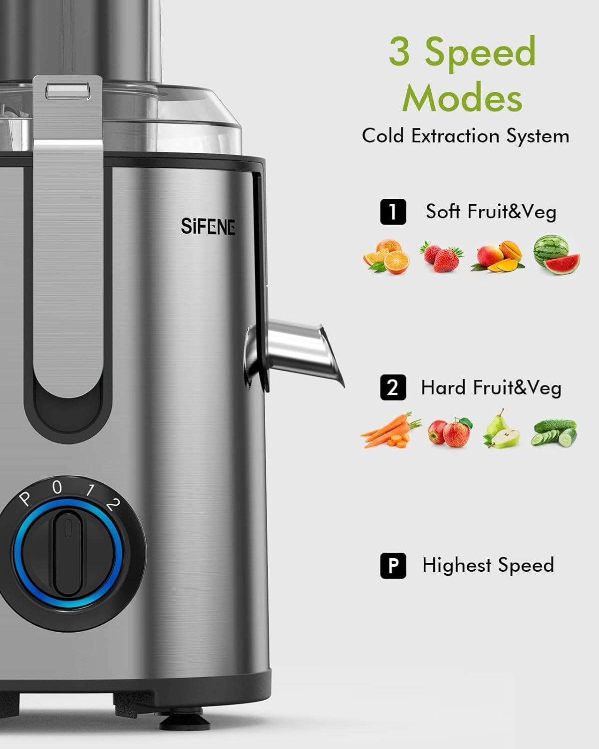 SiFENE 800W Centrifugal Juicer Machine, 3.2" Wide Chute, 3 Speed Setting, Overheat Protection, Easy to Clean, Silver