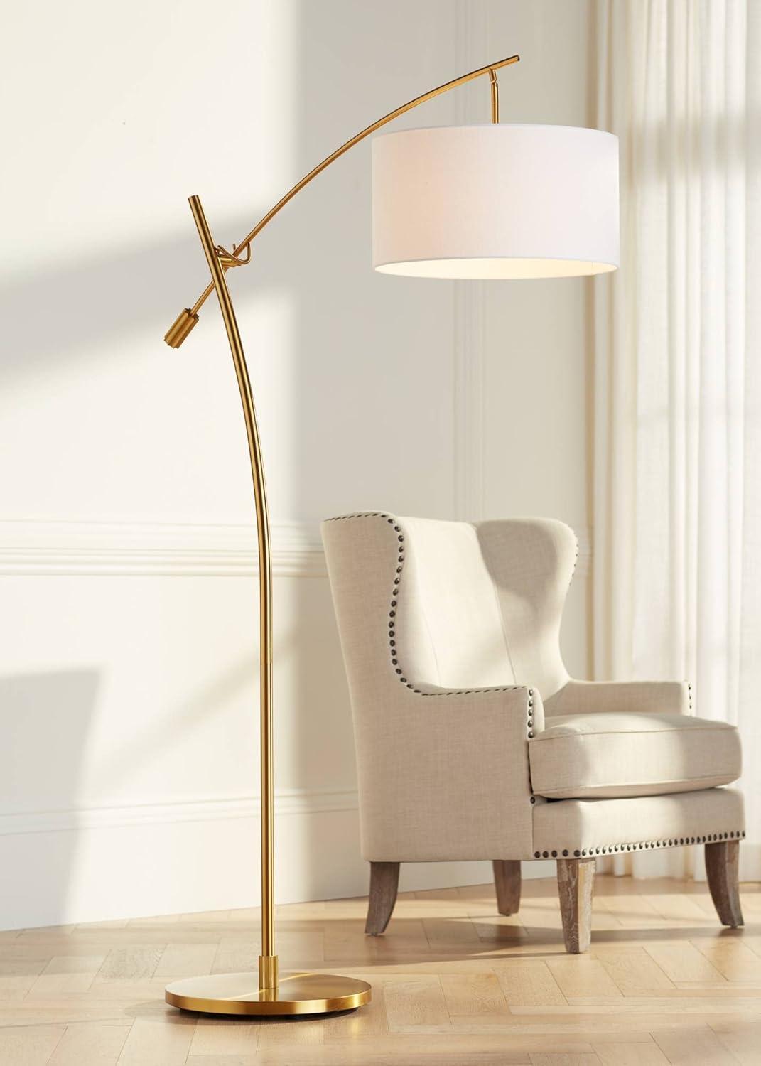 Possini Euro Design Raymond Modern Arc Floor Lamp 69" Tall Warm Gold Adjustable Boom Arm White Linen Drum Shade for Living Room Reading Office House