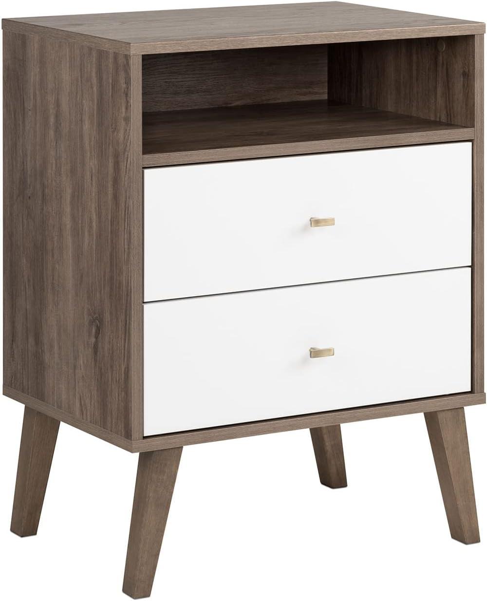 Mid-Century Modern Drifted Gray and White 2-Drawer Nightstand with Shelf