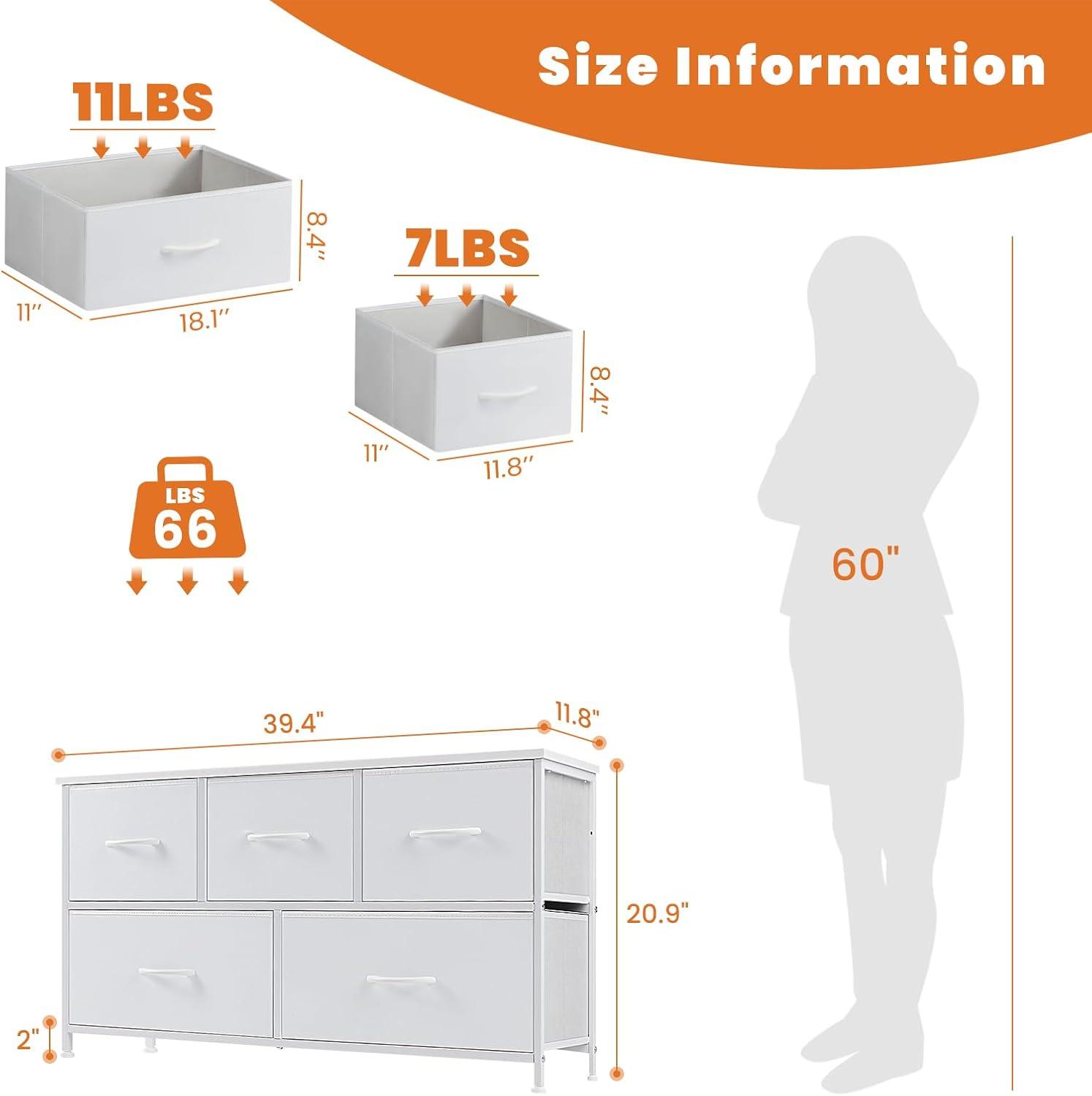 Sweetcrispy Dresser for Bedroom, Wide Chest of Drawers, Fabric Dresser Organizer with 5 Drawers, TV Stand, Storage Organizer Unit with Fabric Bins for Closet, Living Room, Hallway