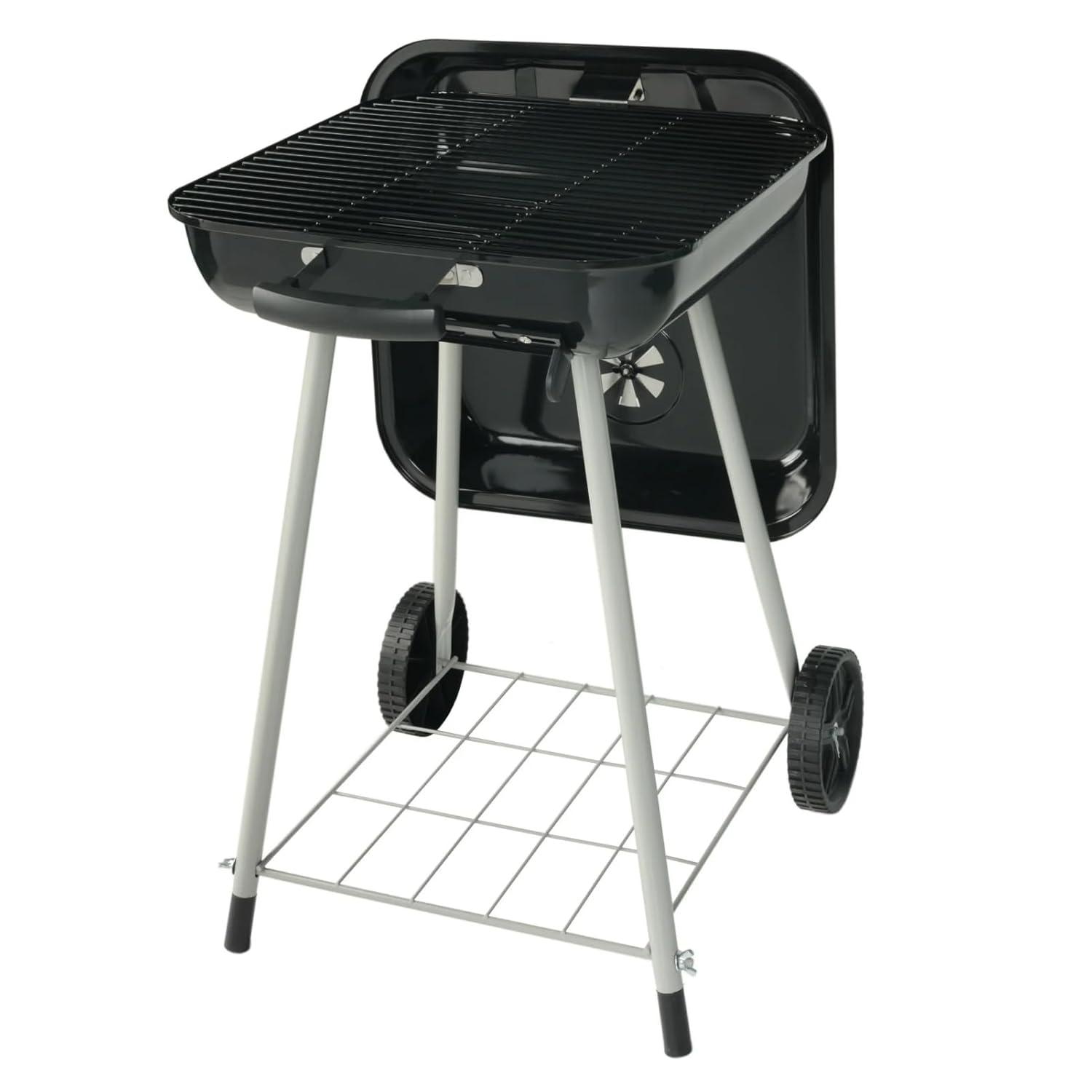 Large Black Steel Charcoal Grill with Wheels and Smoker