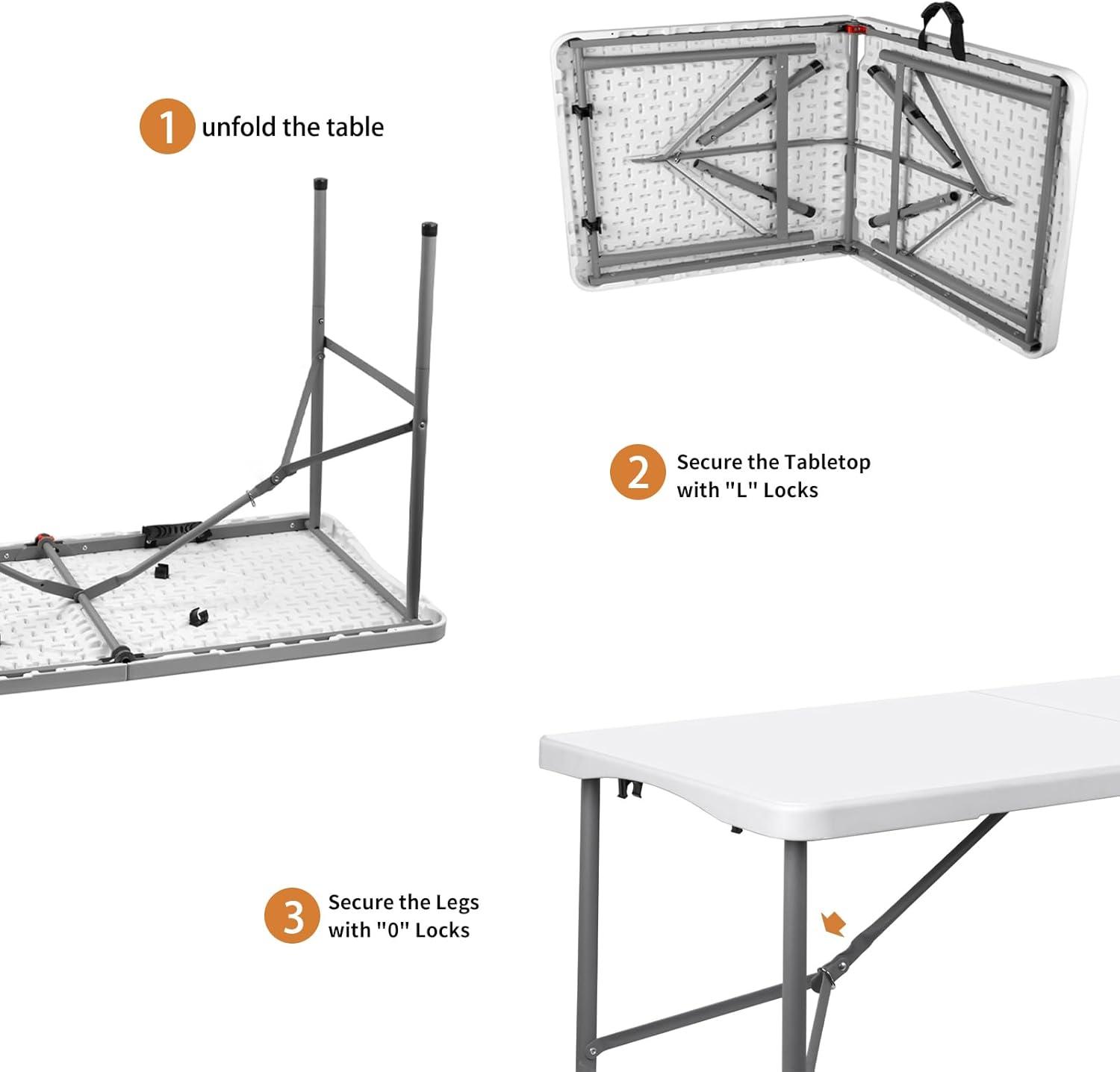 4 ft Portable Folding Table, Idustrial Heavy-Duty Foldable Table, HDPE Plastic Table, with Carrying Handle, Locks, Stright Legs for Indoor & Outdoor Party, Barbeque, Camping, Board Games - White