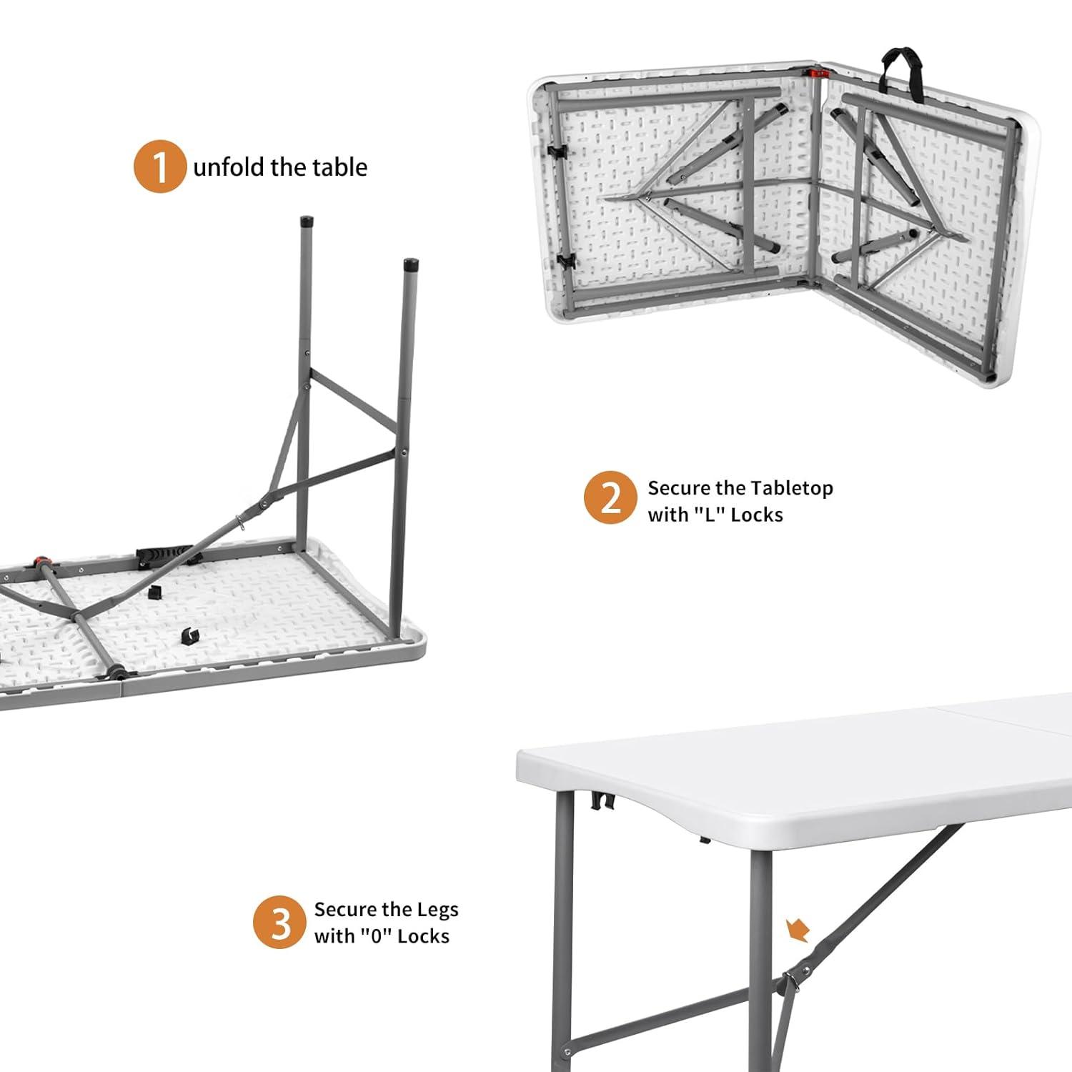 4 ft Portable Folding Table, Idustrial Heavy-Duty Foldable Table, HDPE Plastic Table, with Carrying Handle, Locks, Stright Legs for Indoor & Outdoor Party, Barbeque, Camping, Board Games - White
