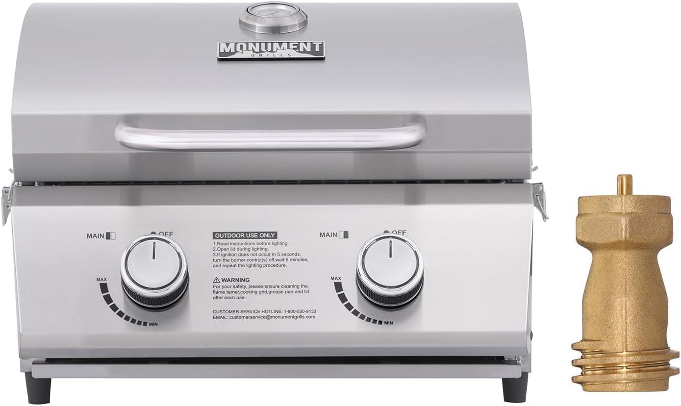 Monument Grills 13742,2-Burner Portable Stainless Steel Tabletop Propane Gas Grill with High Lid and Travel Locks, 15,000 BTU – Perfect for Family BBQs