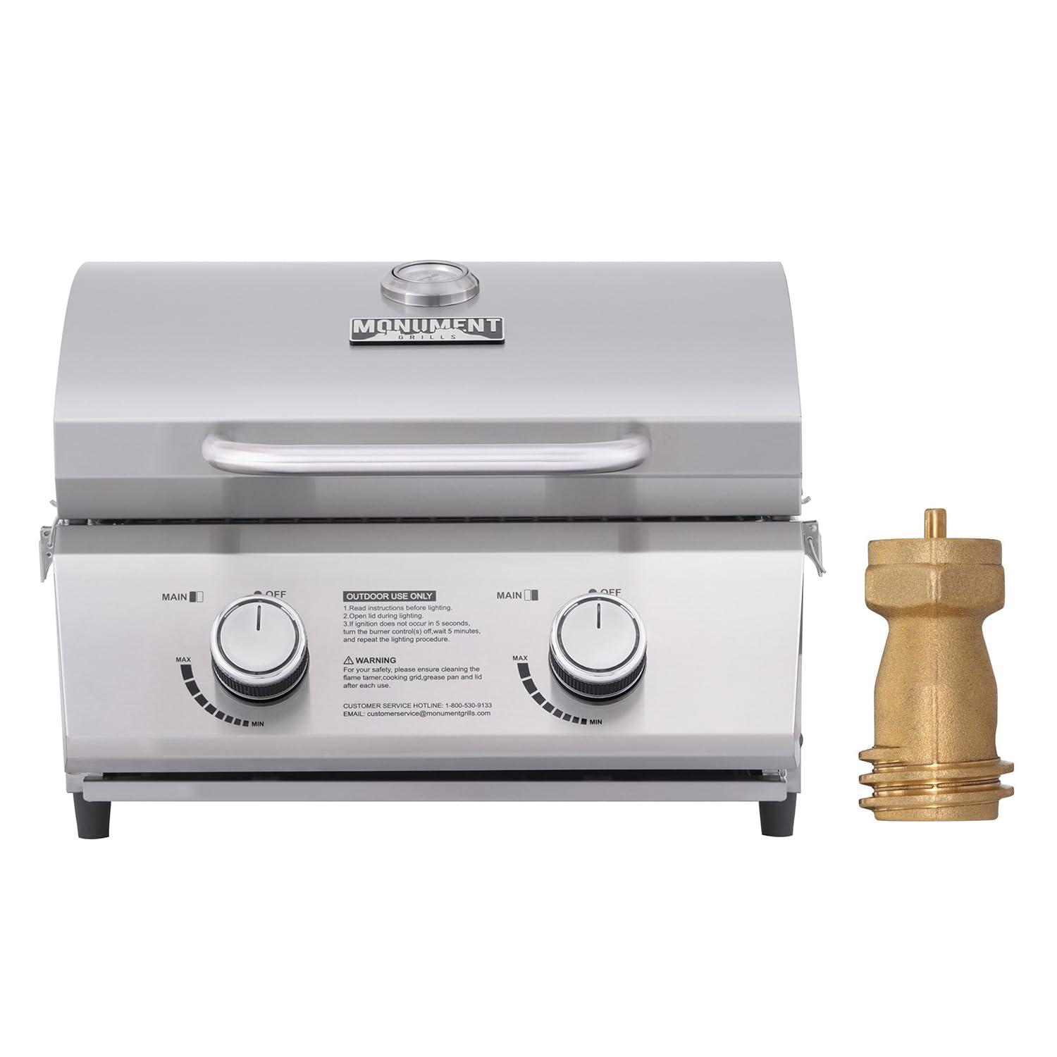 Monument Grills 13742,2-Burner Portable Stainless Steel Tabletop Propane Gas Grill with High Lid and Travel Locks, 15,000 BTU – Perfect for Family BBQs