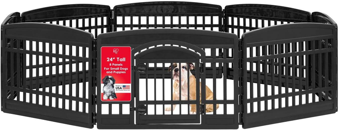 IRIS USA 24" Exercise 8-Panel Pet Playpen with Door, Dog Cat Playpen, Puppy Playpen, Black