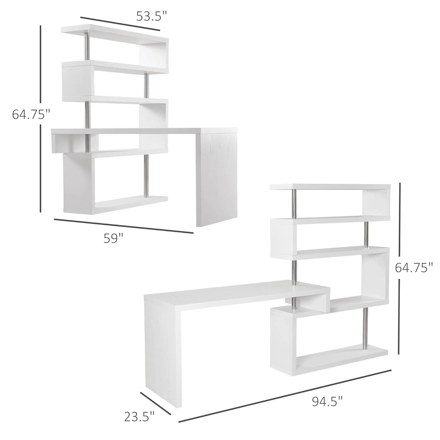 HomCom Modern L-Shaped 360° Rotating Computer Desk Corner Home Office Study Workstation with 5-Tier Storage Shelves, Bookshelf, White