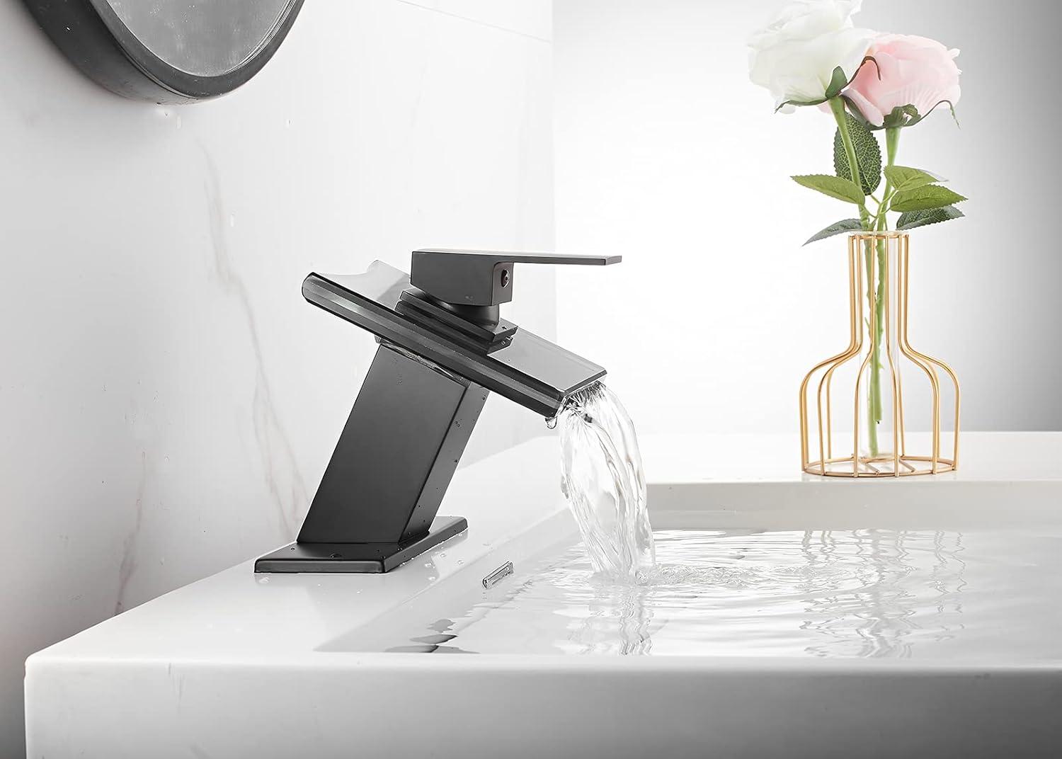 Matte Black Bathroom Faucet with Glass Waterfall Design, Single Handle for Sink, Modern Vanity Faucets with Supply Lines, Lavatory Basin Bath Mixer Tap, Deck Mounted