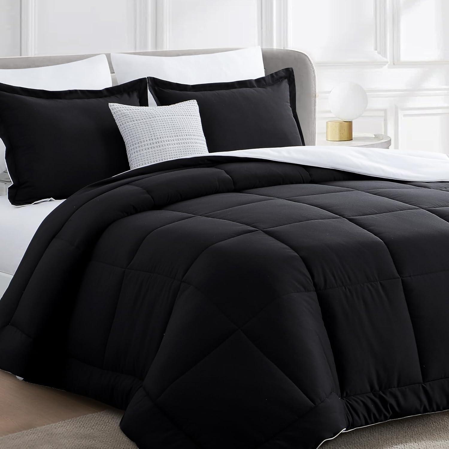 Aisbo Reversible Comforter Set Full - Fluffy 3-Pieces Comforter Set Soft Lightweight, Black and White All Season Down Alternative Comforter for Full Size Bed with 2 Reversible Pillow Shams